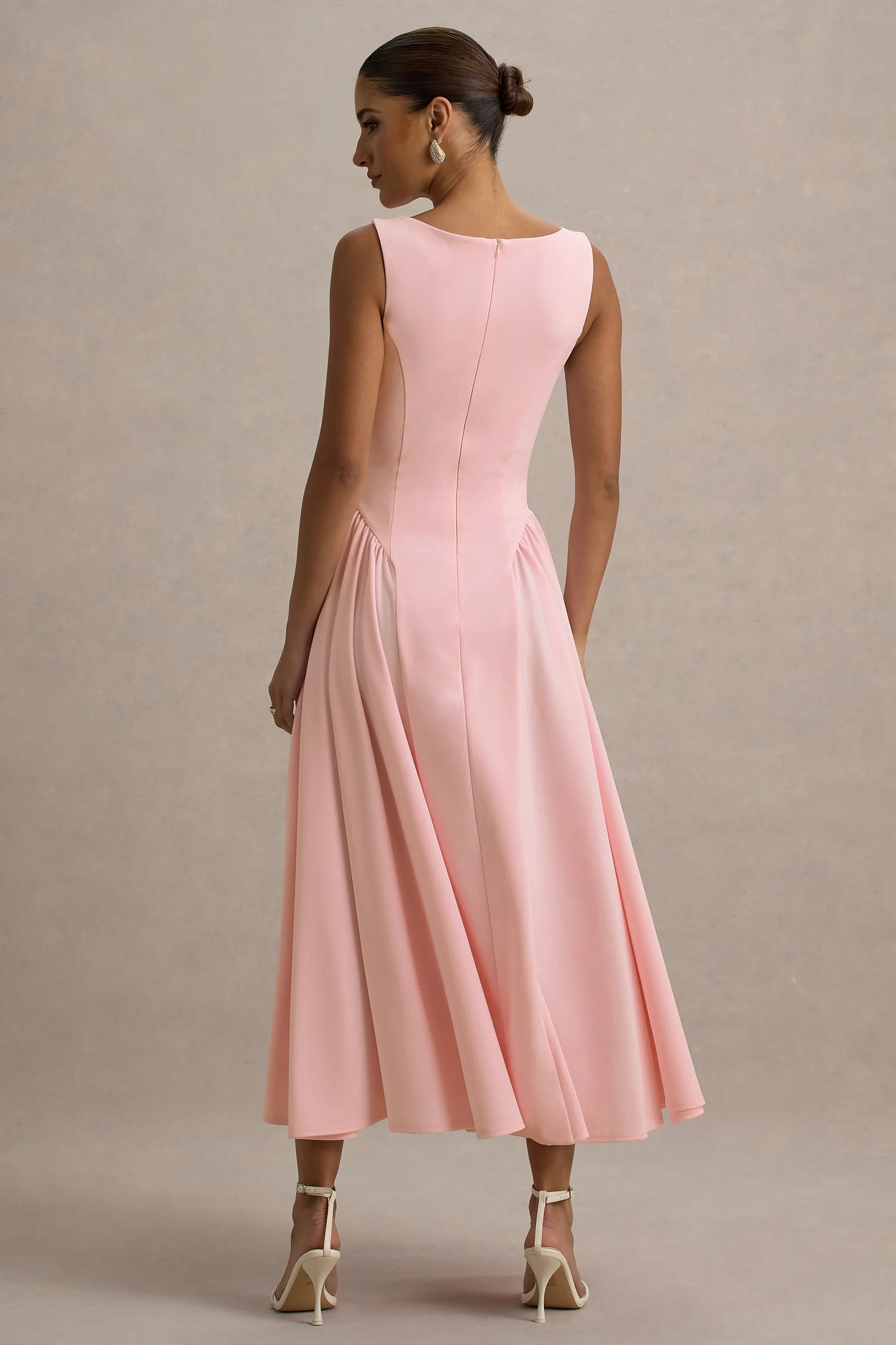 Muriel | Pink Boat-Neck Volume-Hem Midi Dress