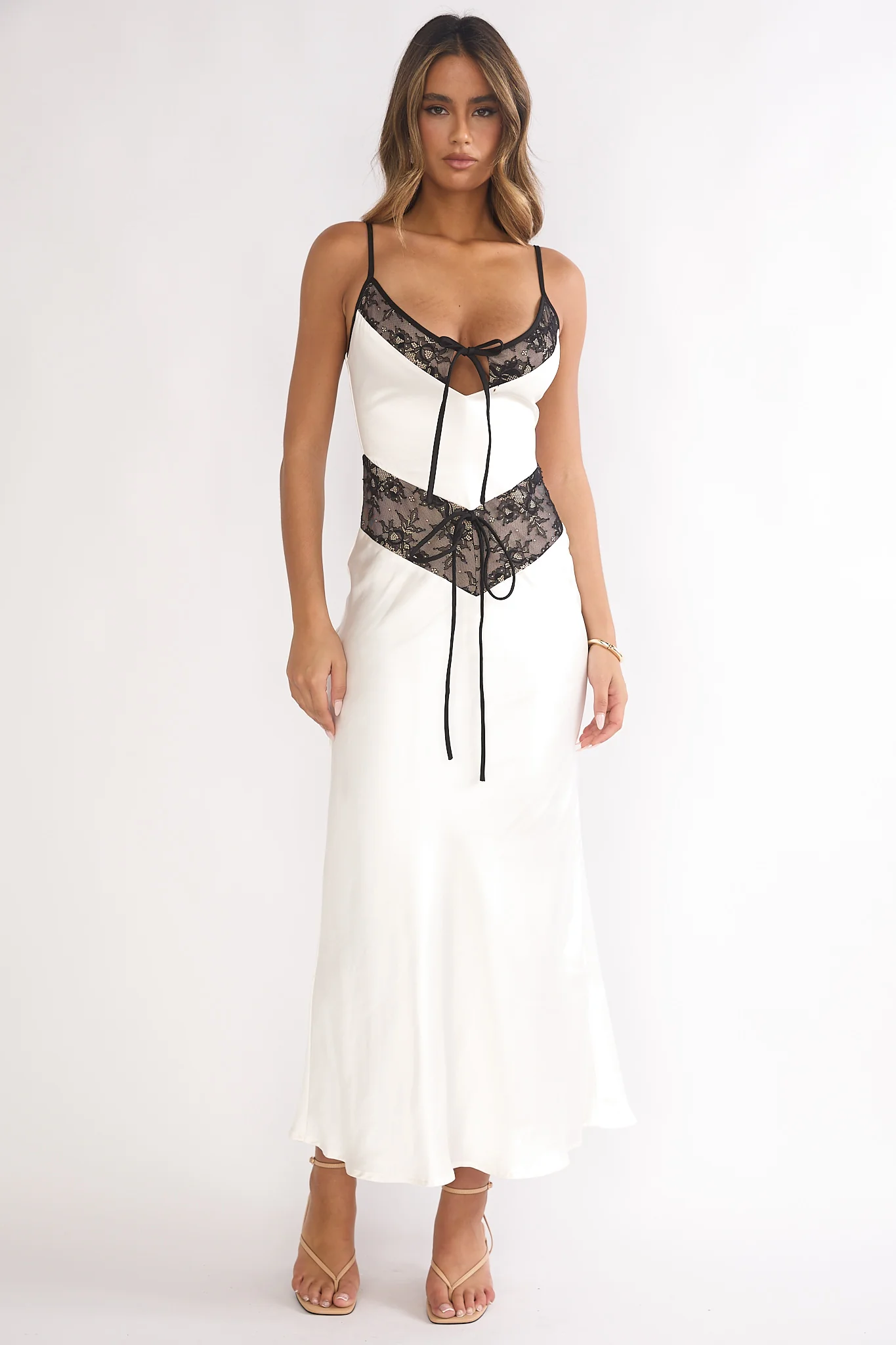 Luna Dolce Lace Trim Tie Maxi Dress Oyster - luluinthesky