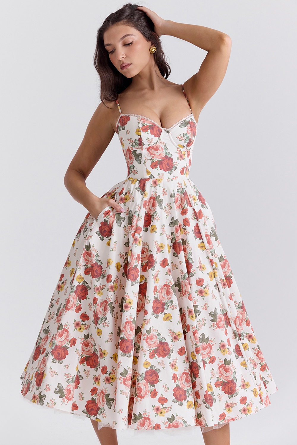 italian rose print tulle midi dress