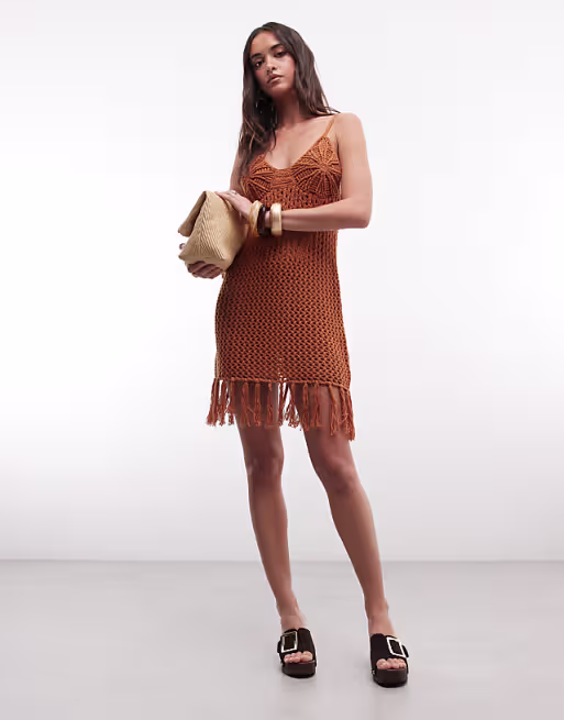 premium hand crochet fringe midi dress in rust