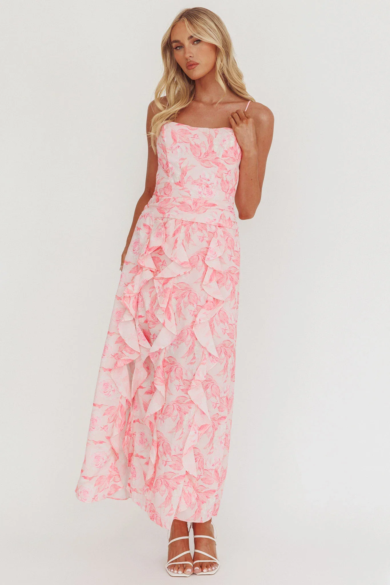Serif Ruffle Trim Split Maxi Dress Pink