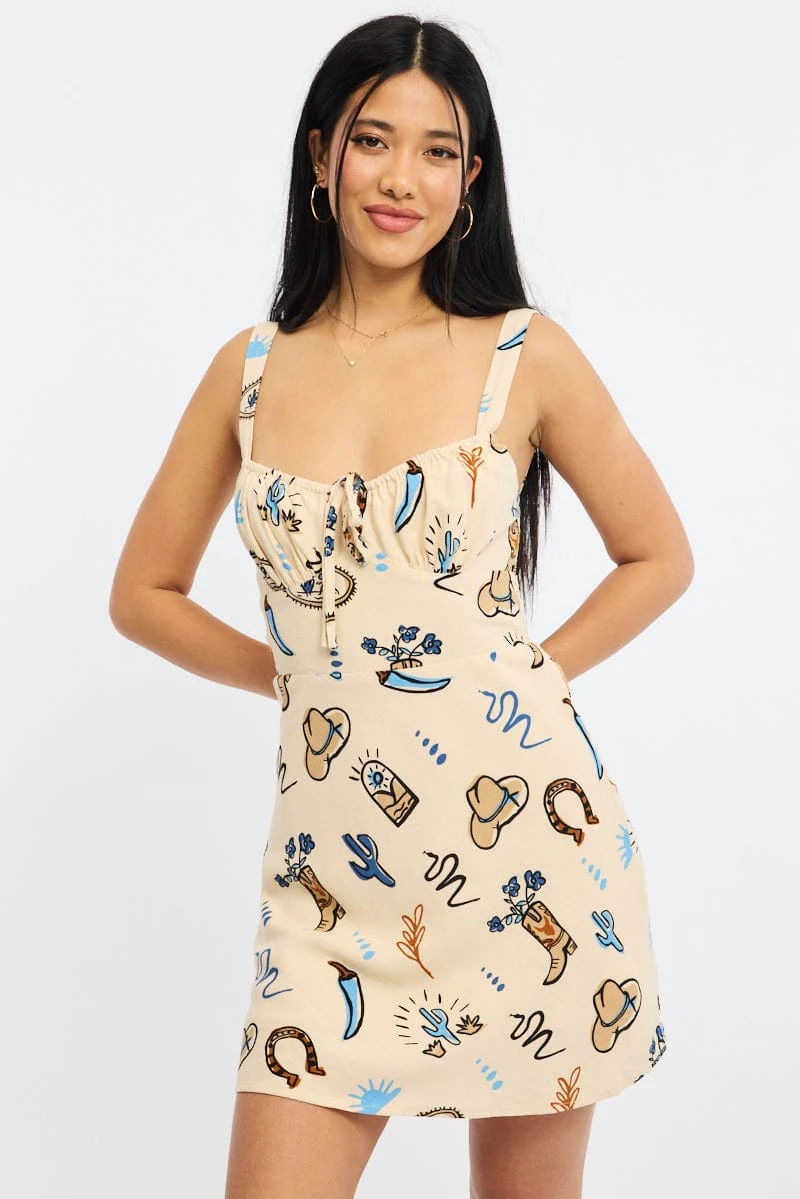 Beige Abstract Mini Dress Sleeveless