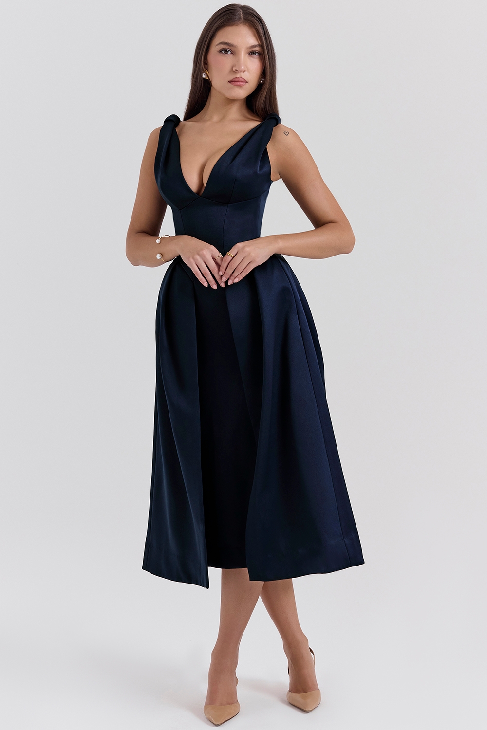 midnight twist strap satin midi dress - sale