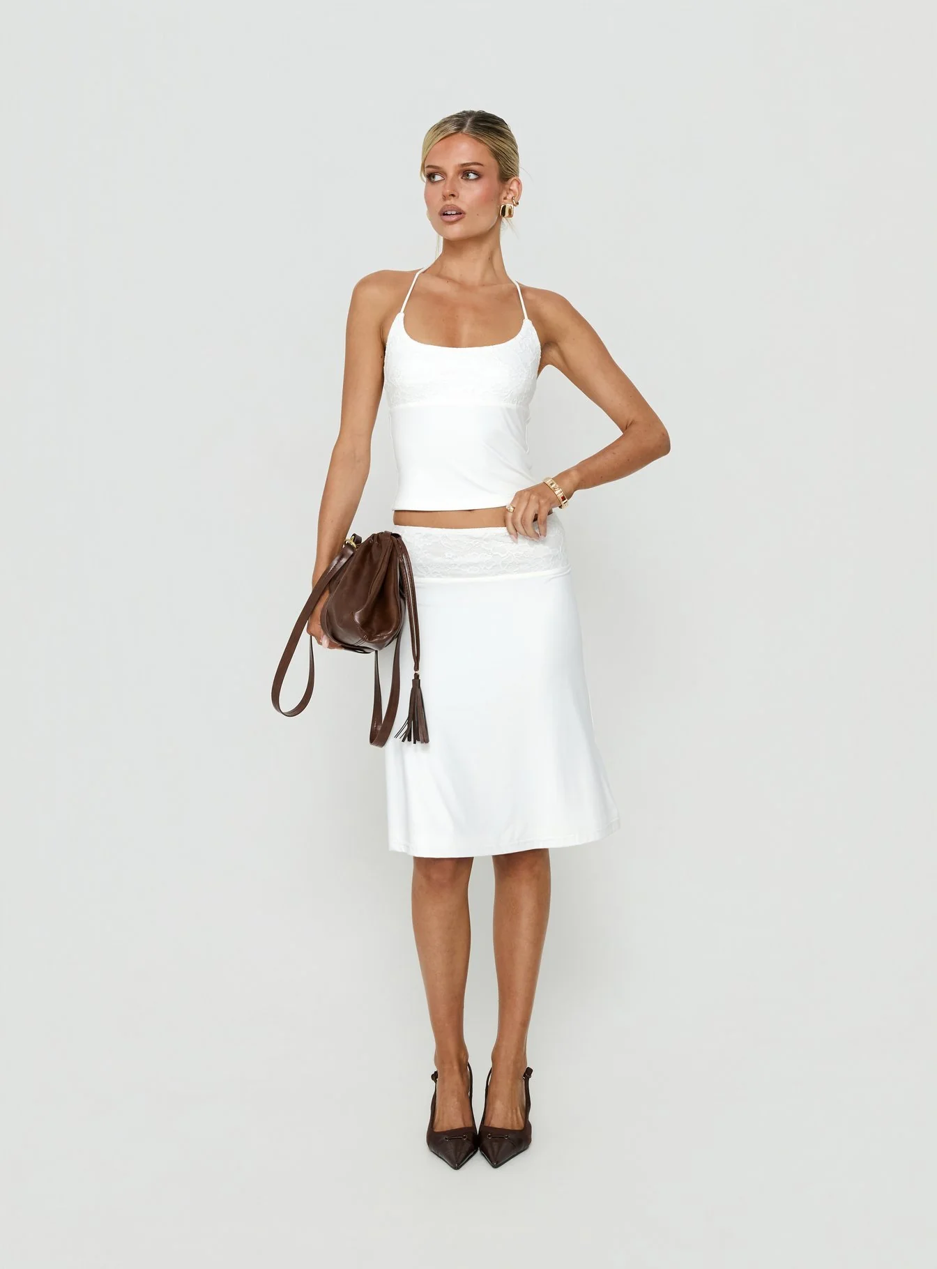 Zenaide Lace Detail Halter Tank Top White