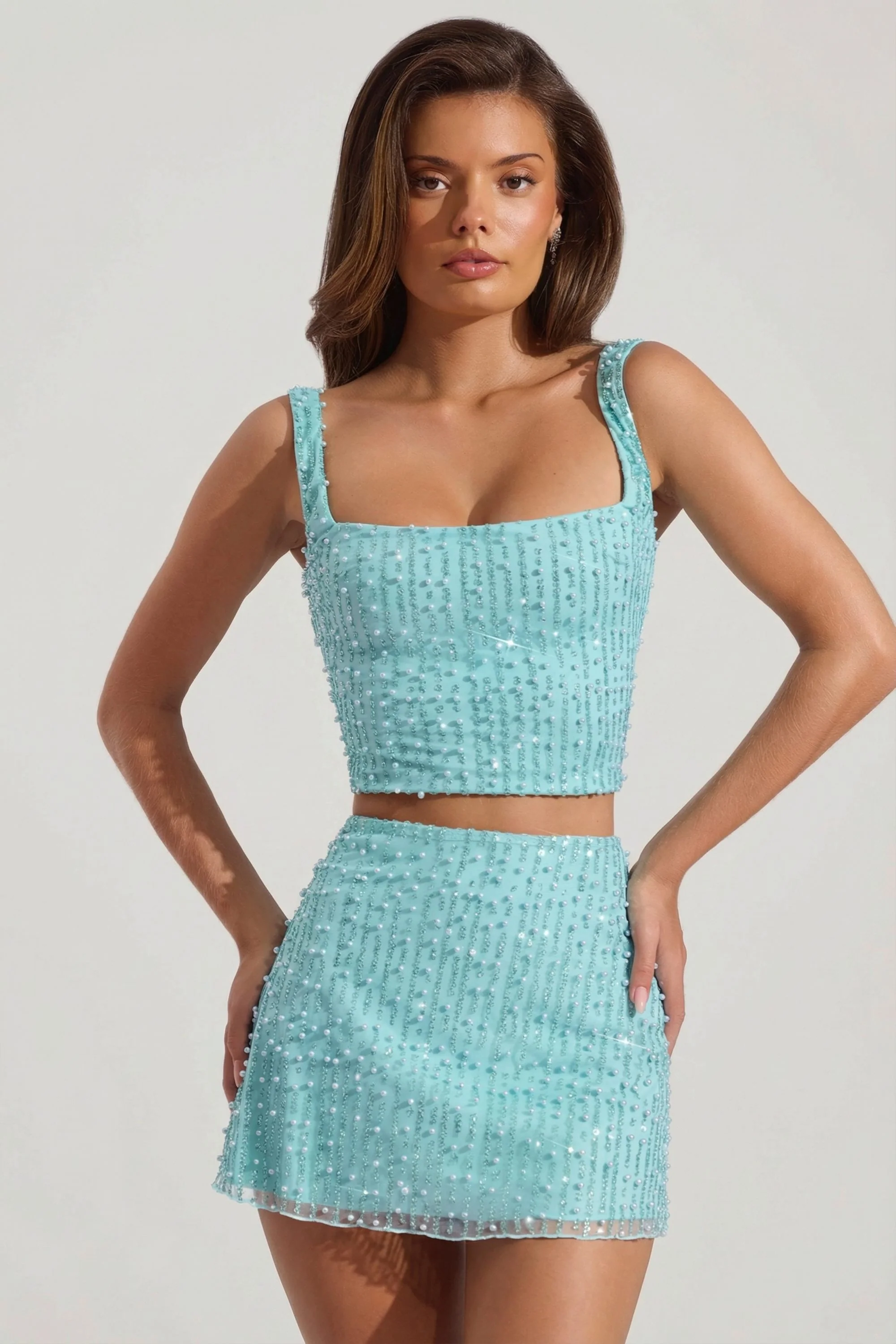 Embellished Low-Rise Mini Skirt in Aqua Blue