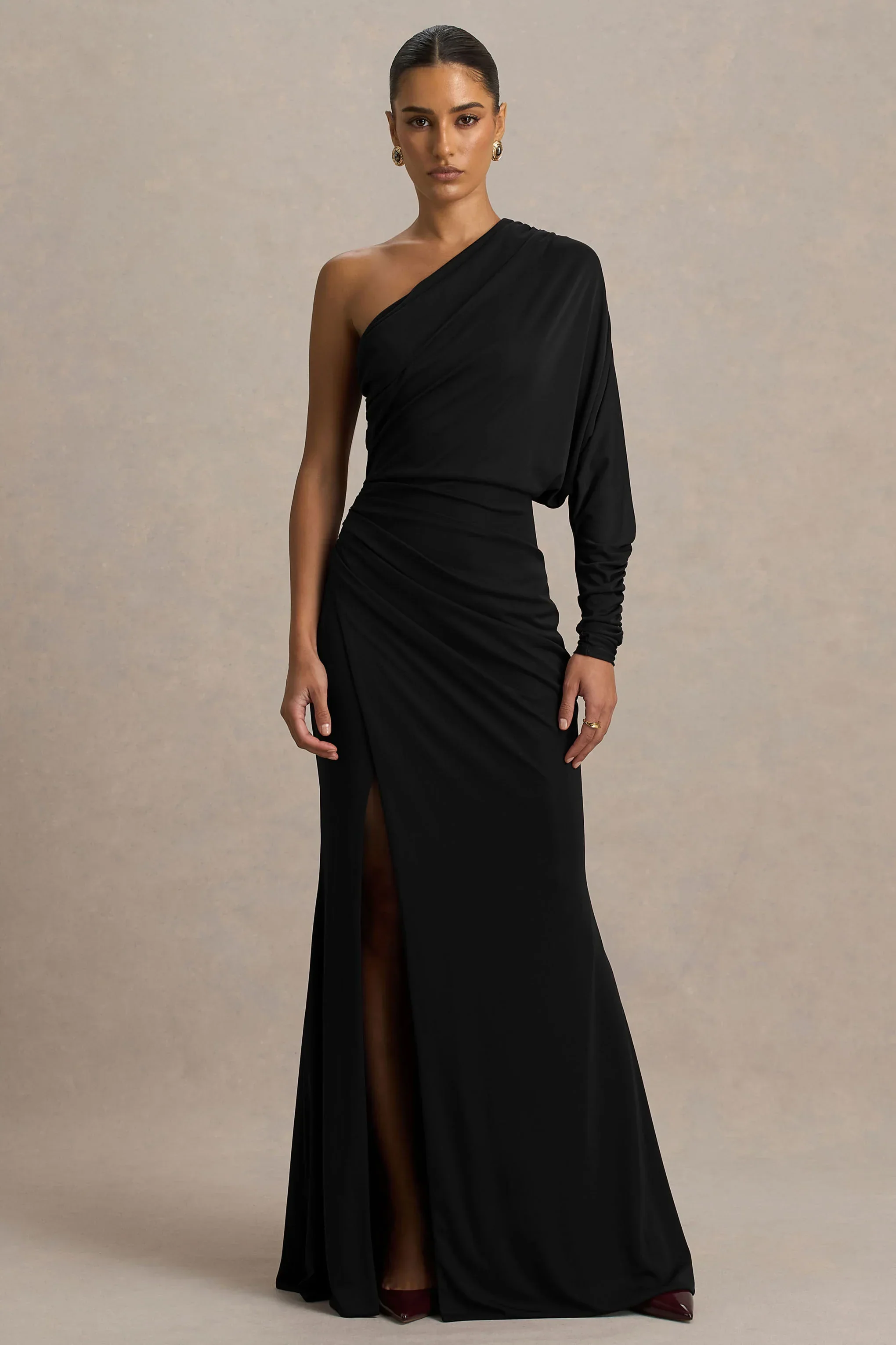 Lola | Black Asymmetric-Neck Maxi Dress With Ruched Detailing And Front High-Split