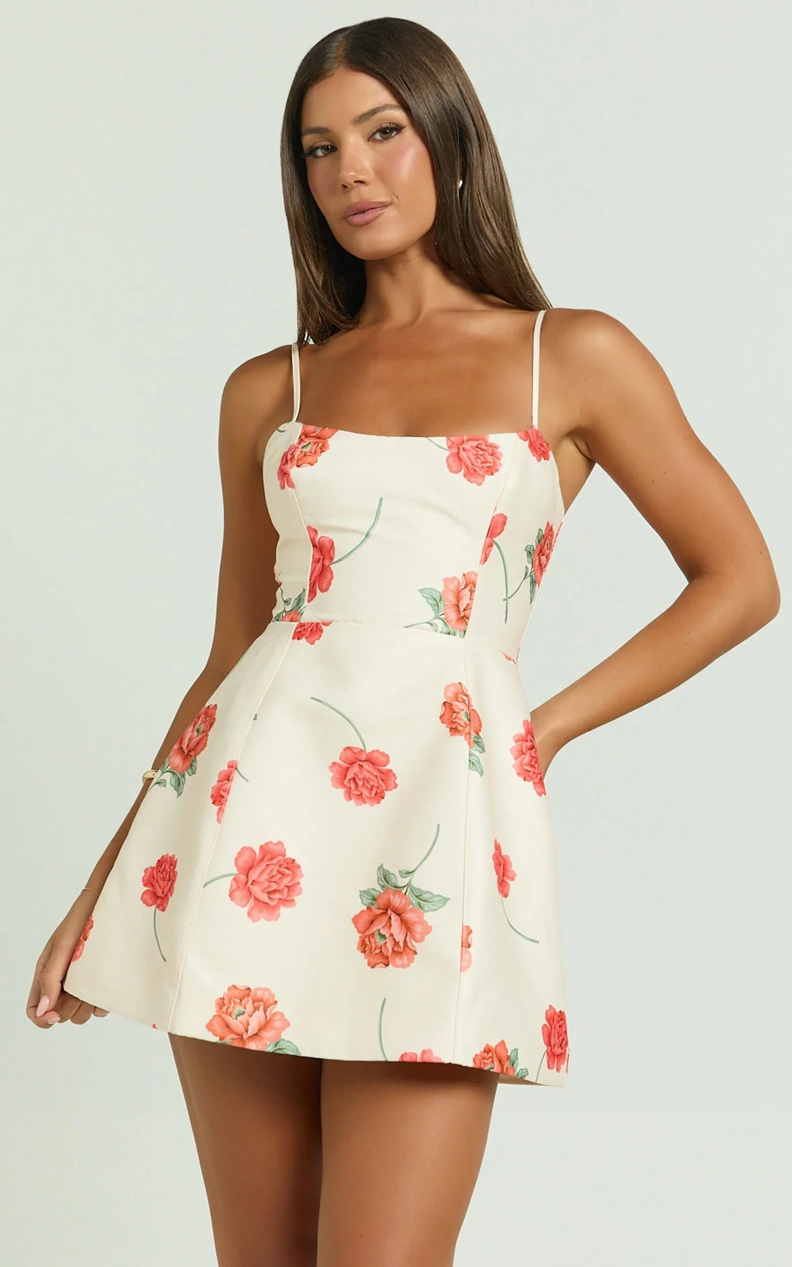 Tia Mini Dress - Square Neck Fit And Flare Dress In Rose Garden Print