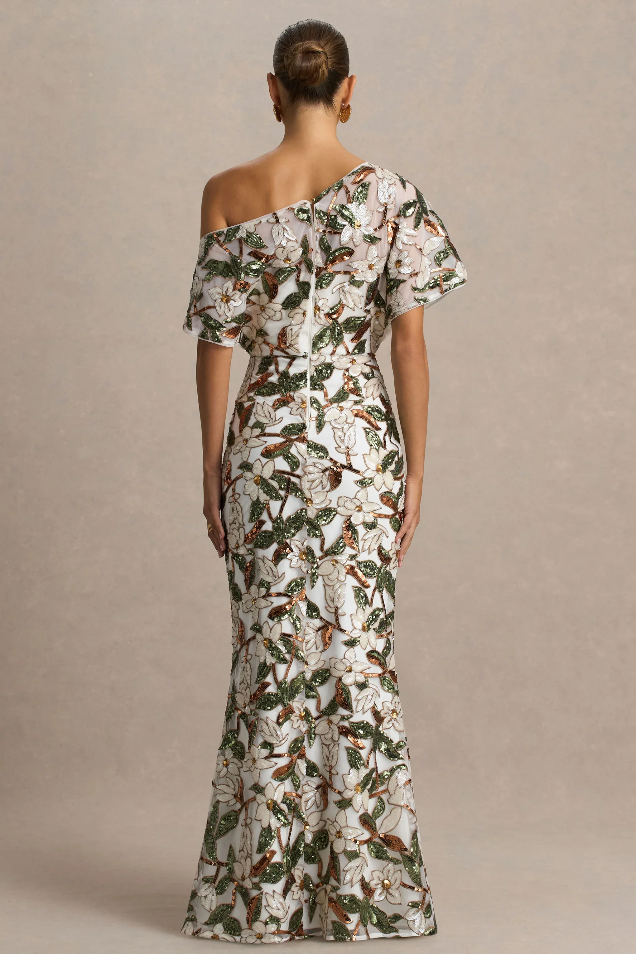 Iony | White And Green Sequin Floral And Mesh Asymmetric-Neck Maxi Dress