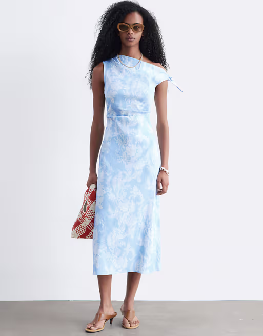 & Other Stories rich linen asymmetric boatneck midi dress in light blue print