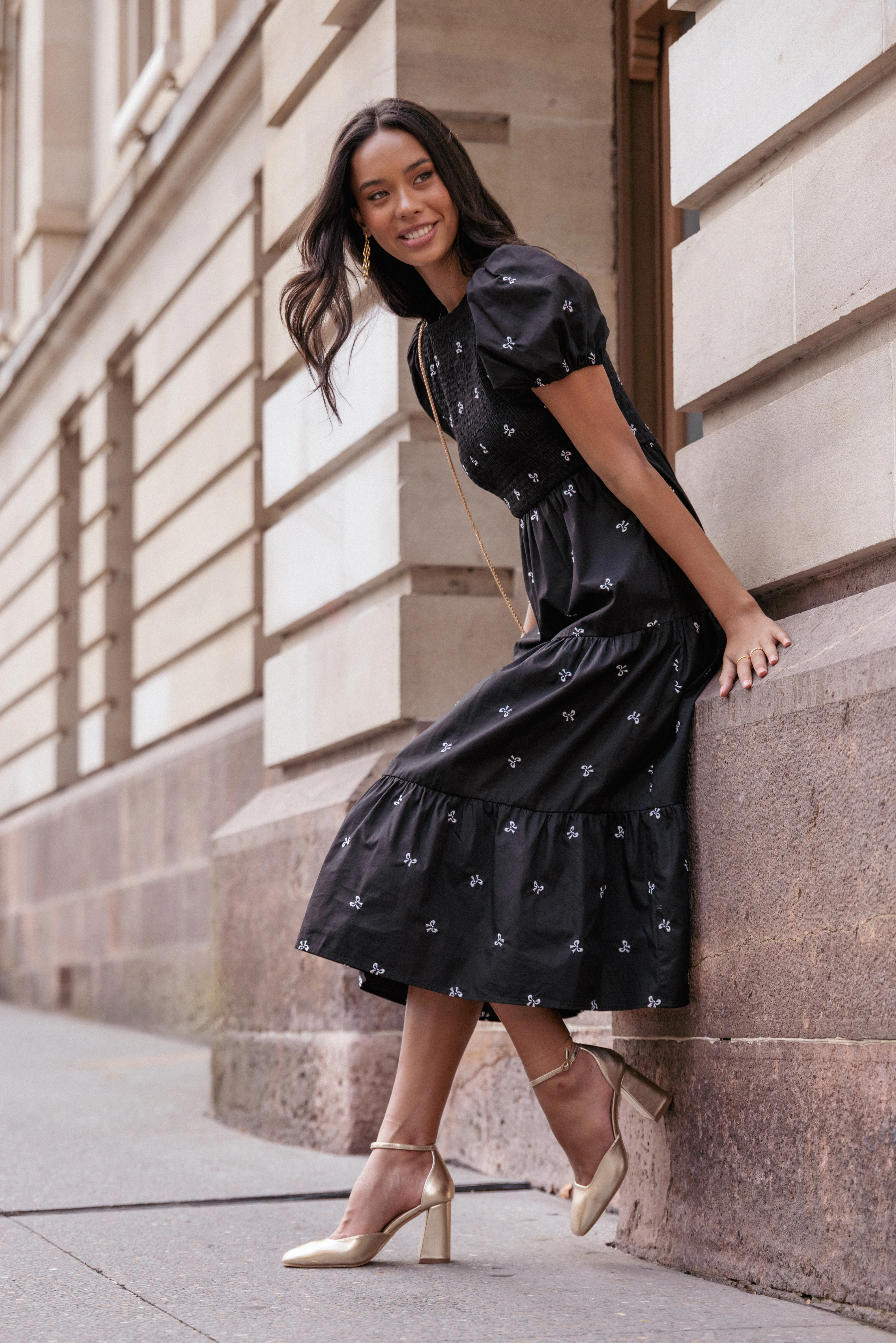 Naura Shirred Tiered Midi Dress - Black Bow