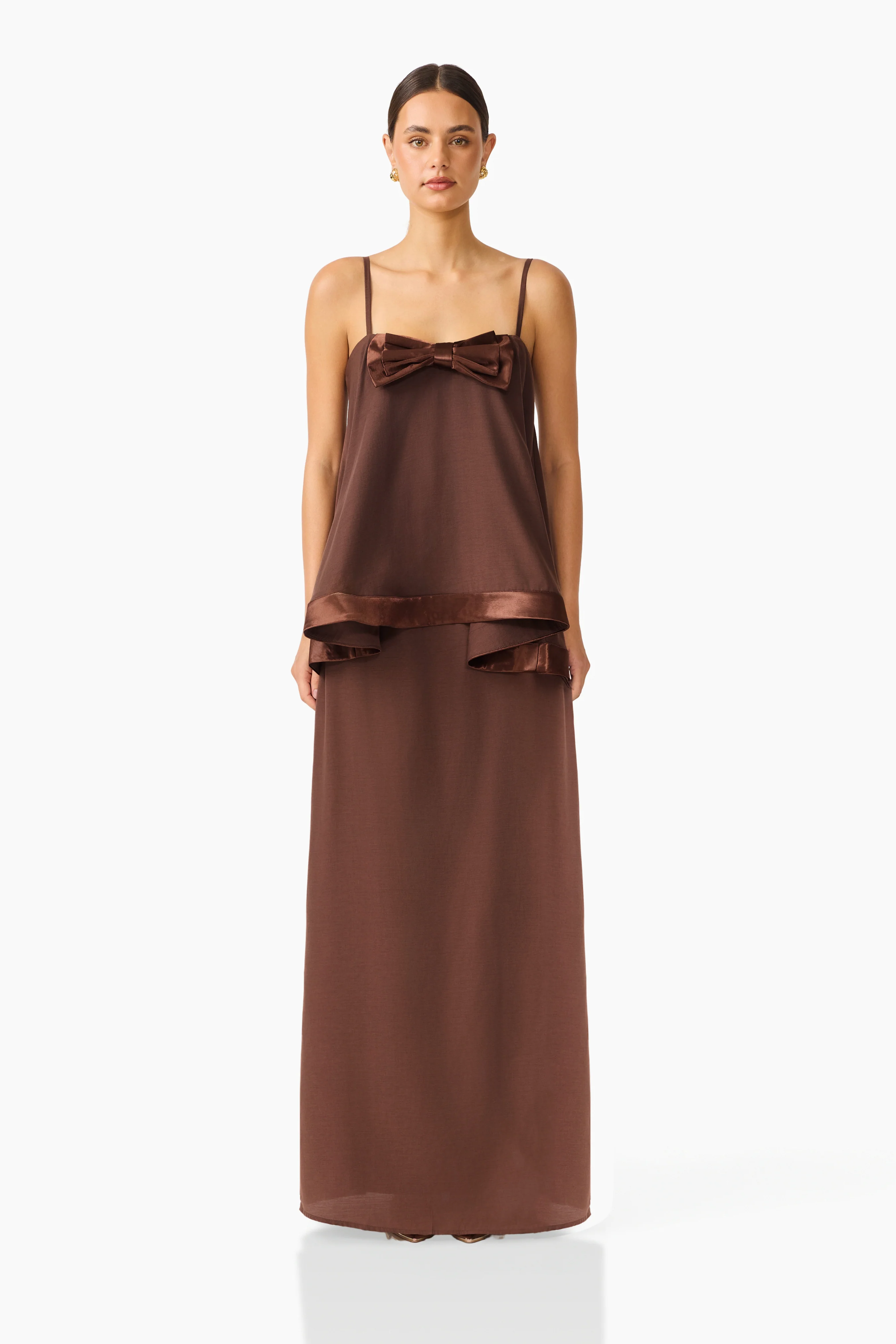Rosera Satin Bow Maxi Dress in Chocolate Brown