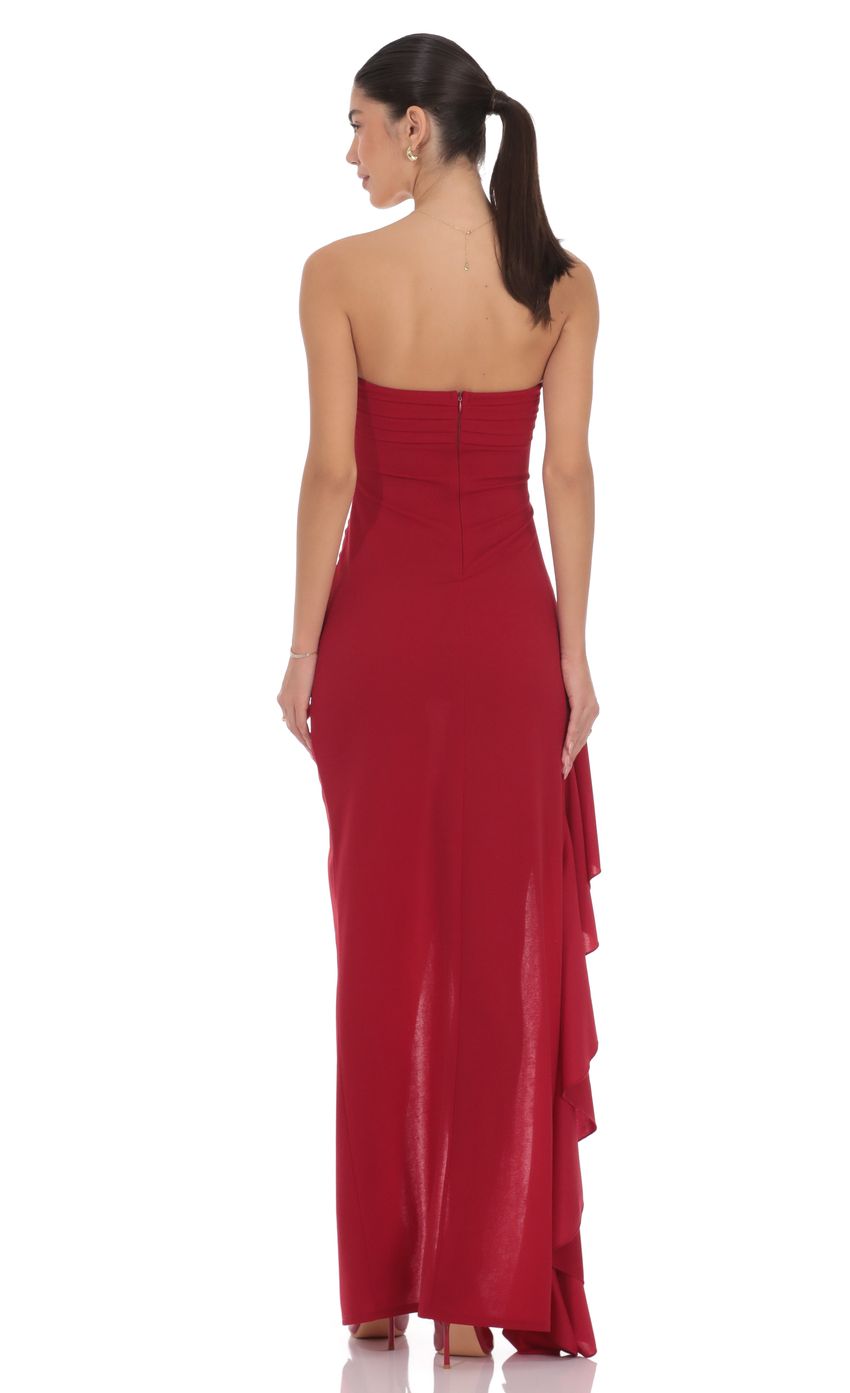 Strapless Ruched Ruffle Maxi Dress in Maroon