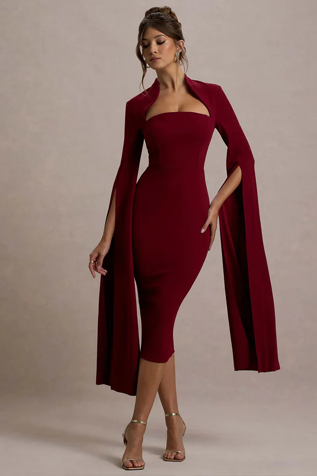 Berry Bodycon Cape-Sleeve Midi Dress
