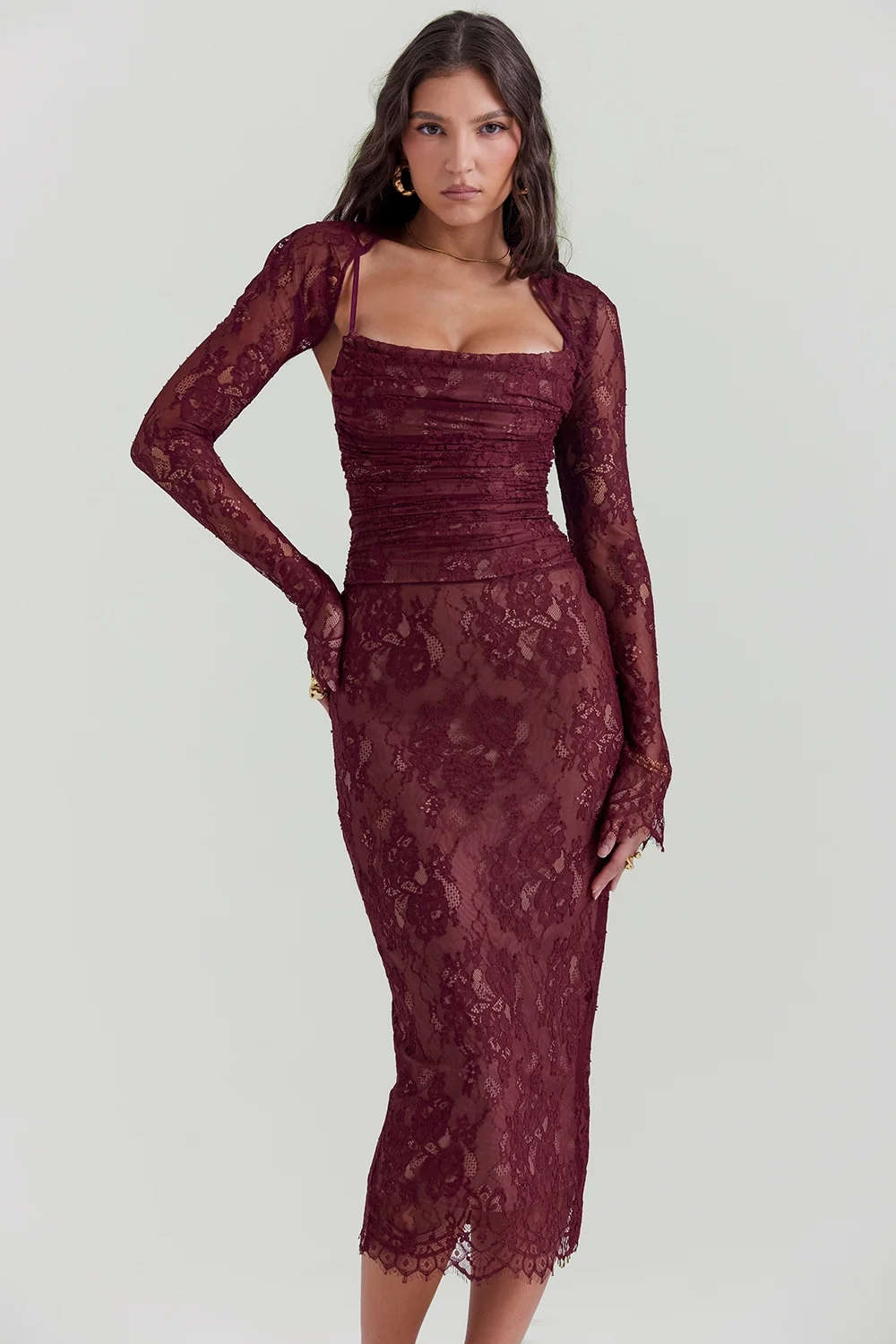 claret lace midi dress