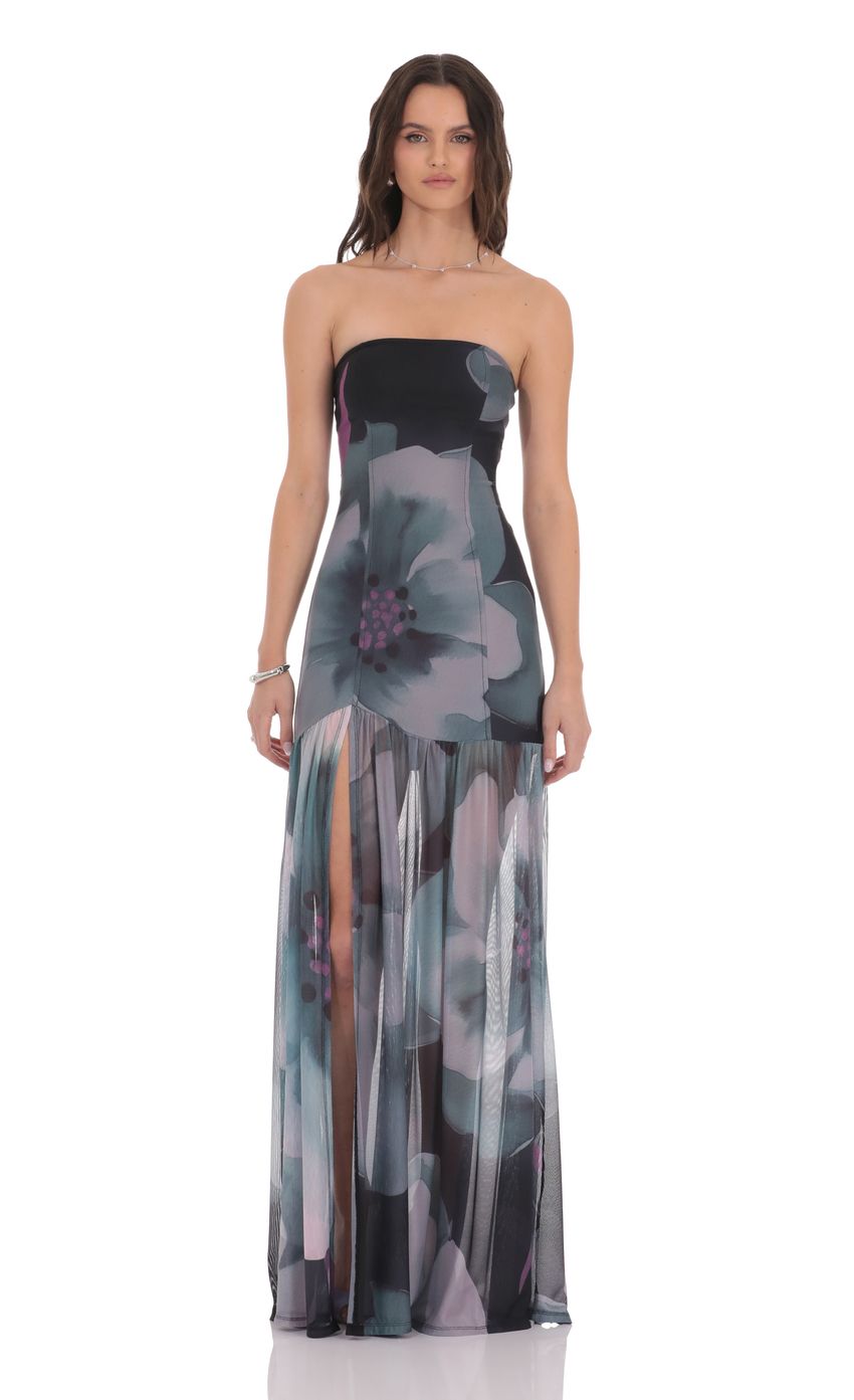 Floral Mesh Strapless Maxi Dress in Navy