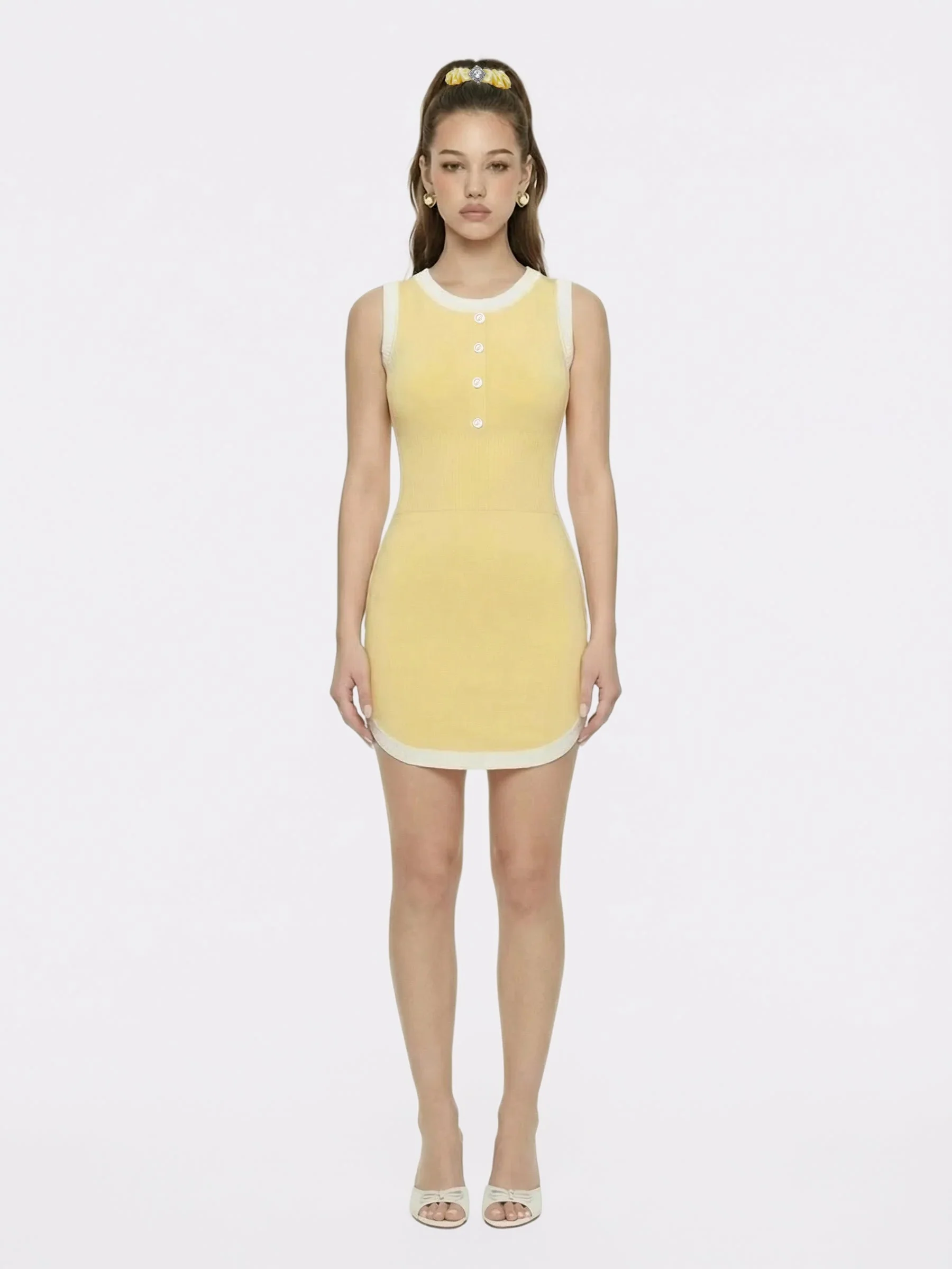 Wilhelmina Contrast-Trim Knit  Mini Dress -Yellow