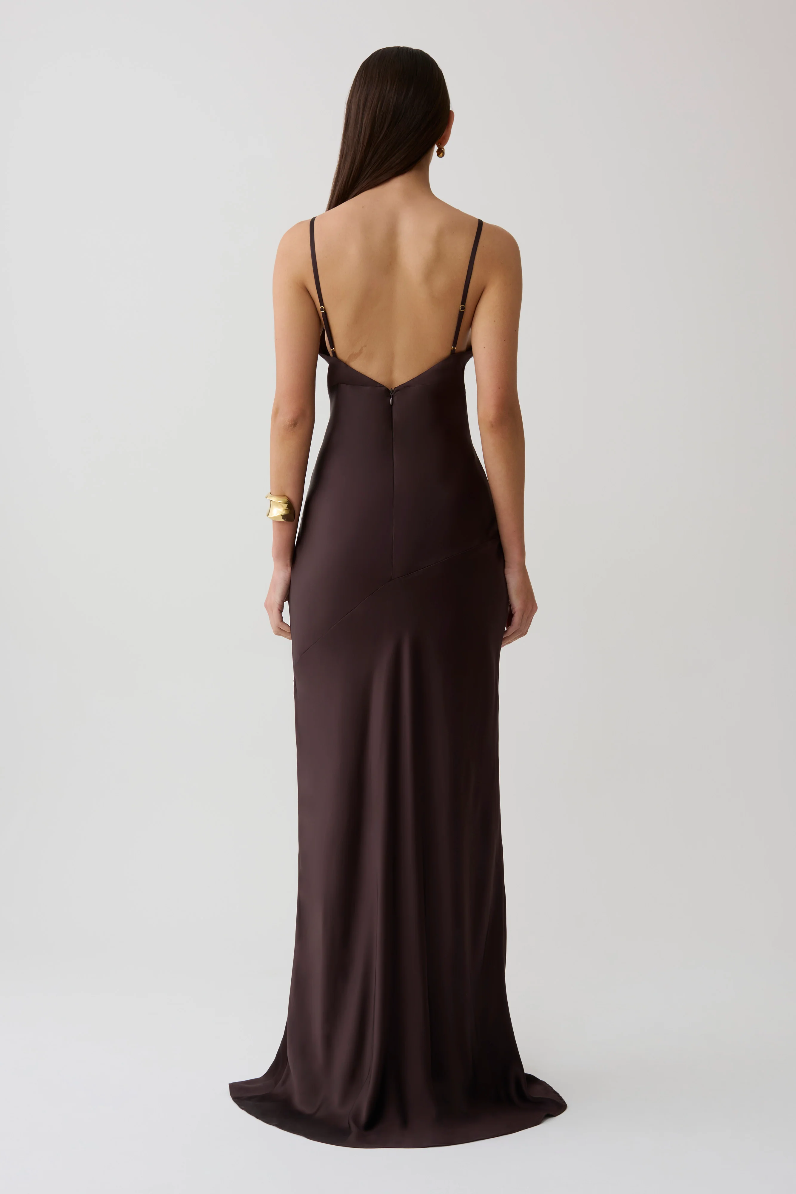 Maddison V Neck Satin Maxi Dress - Dark Chocolate