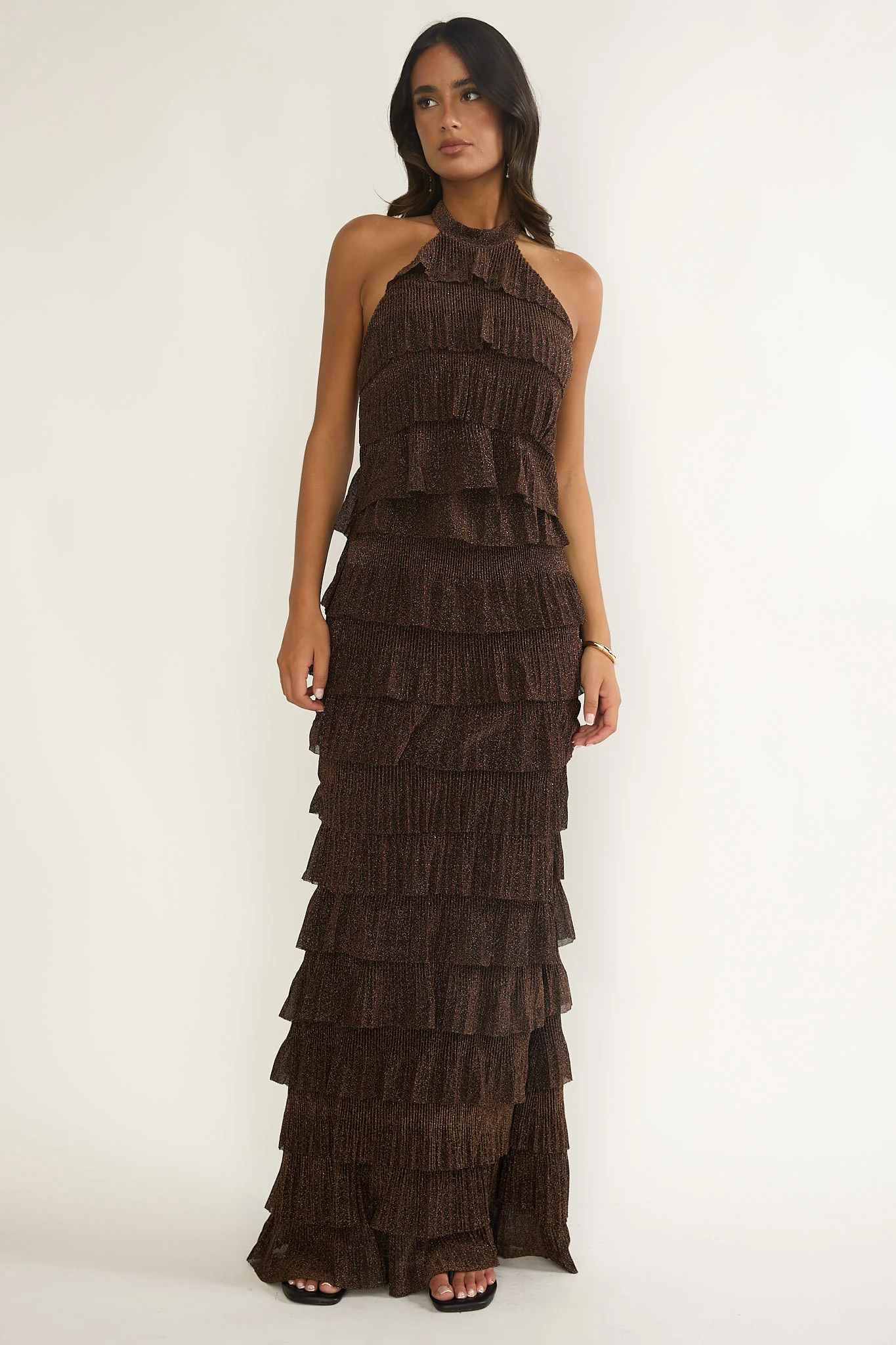 Kaelia Tiered Halter Maxi Dress Sparkle Brown - luluinthesky
