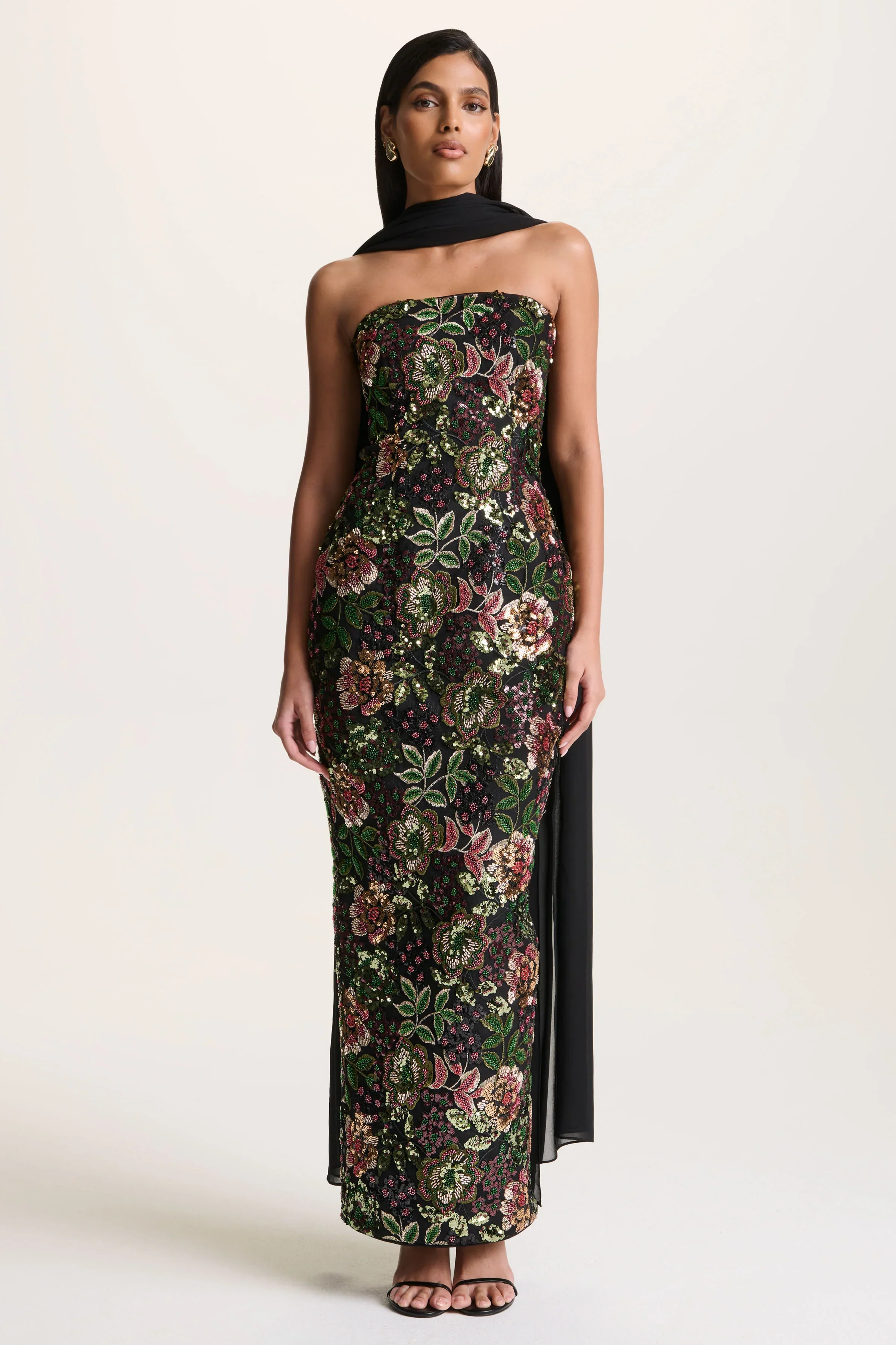 Cora | Winter Floral Embellished Mesh Bandeau Maxi Dress With Scarf