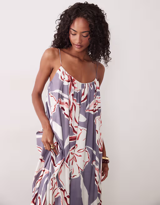 strappy cami trapeze maxi dress in abstract print