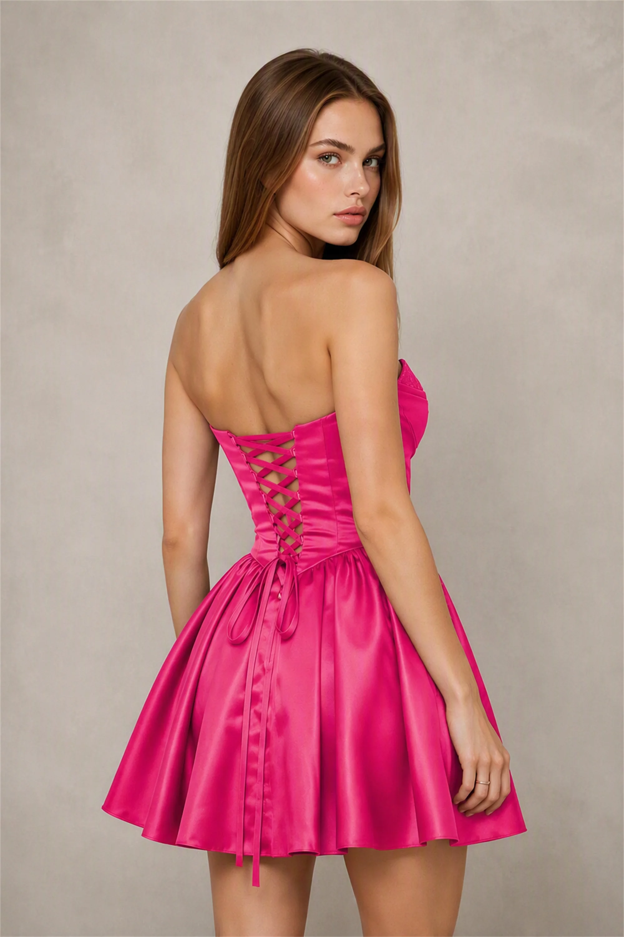 BOLODOO Hot Pink Satin Sequin Sweetheart Strapless Corset Lace-Up Back A-Line Mini Dress | Prom Cocktail Homecoming Dress