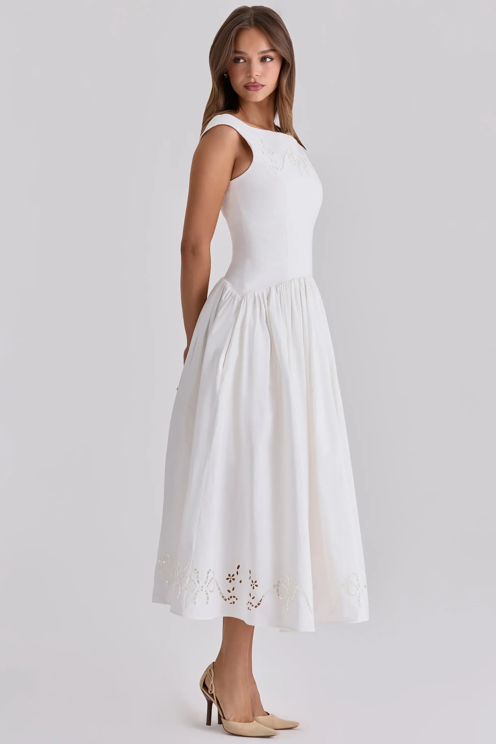white cotton broderie anglaise boat neck maxi dress