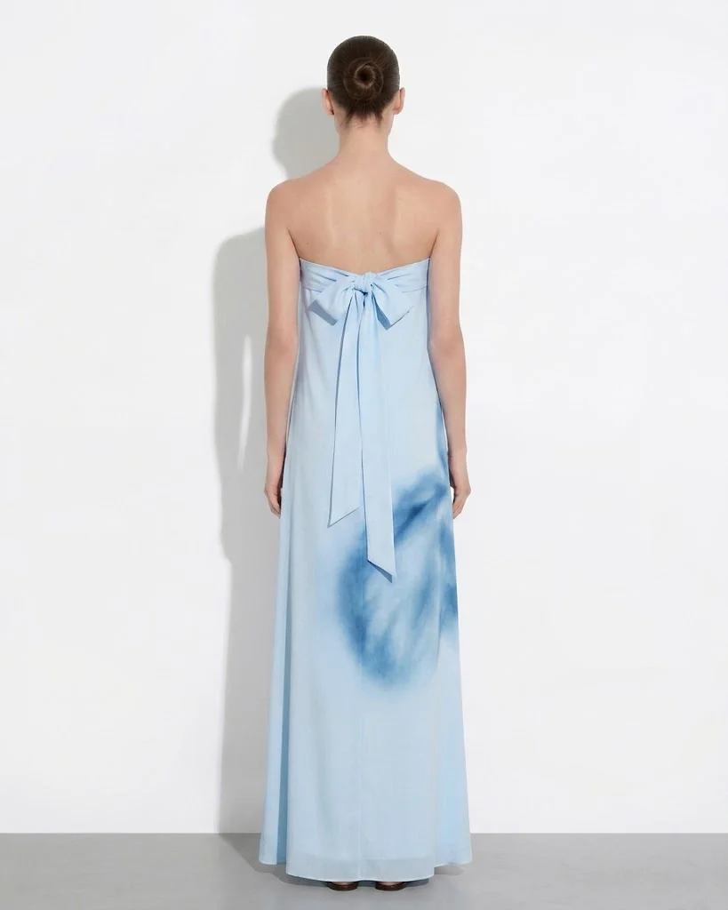 Watercolor Floral Print Strapless Maxi Dress - Blue - FASHION NOB