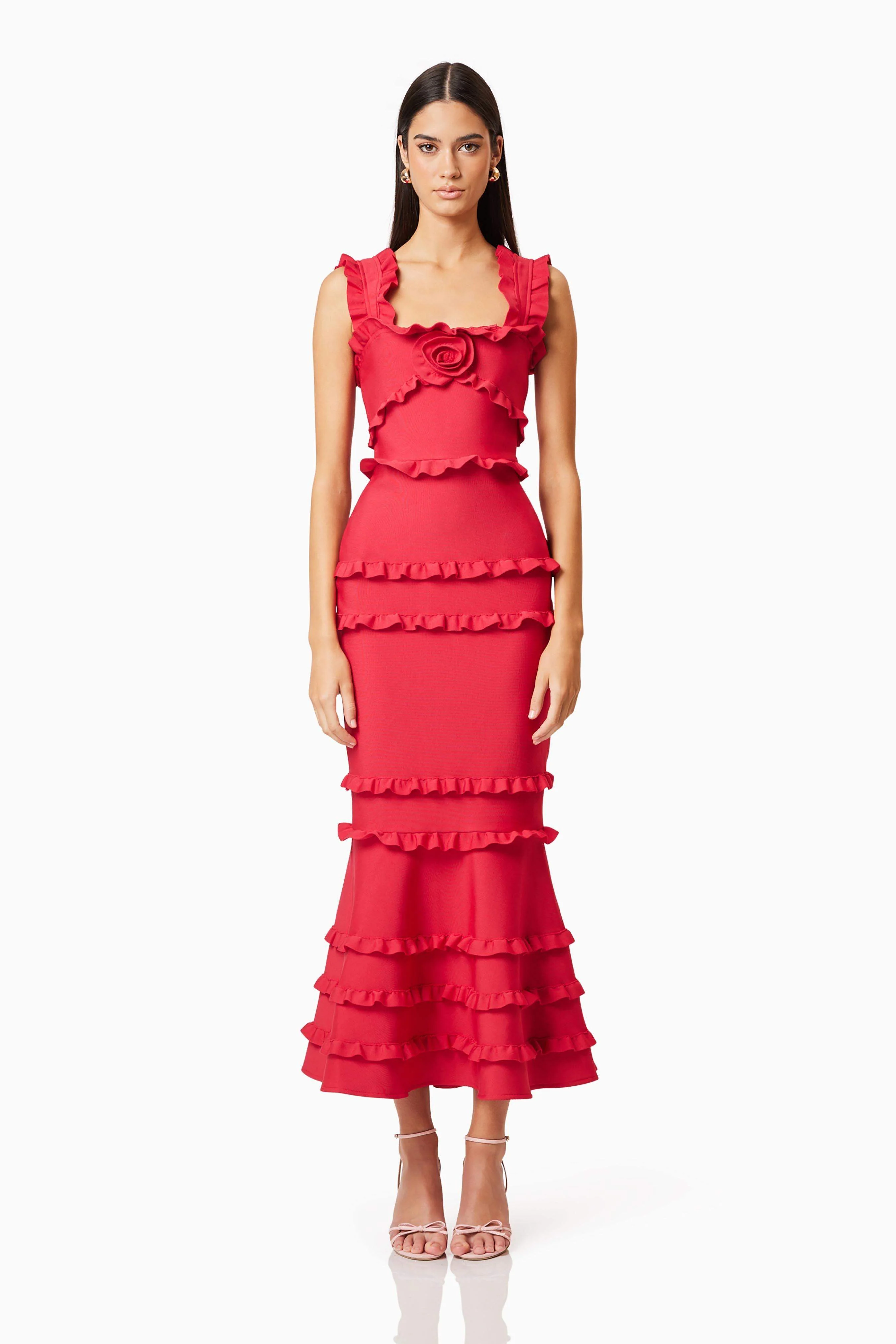 Kimberly Frill Maxi Dress in Red