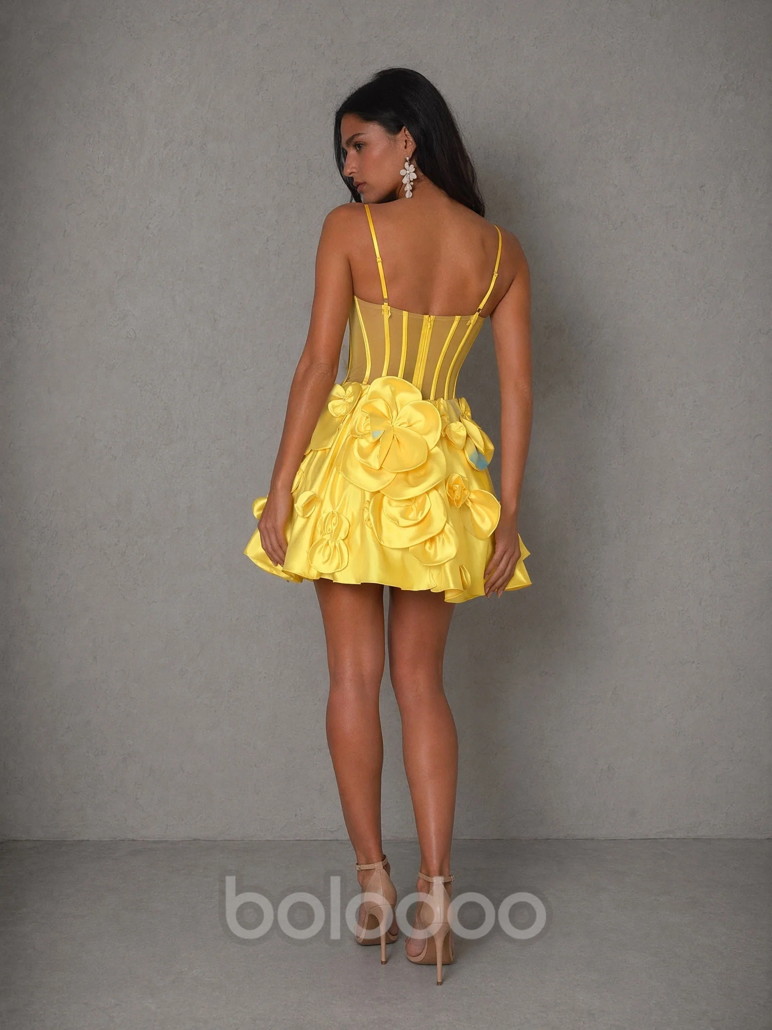 BOLODOO Yellow 3D Floral Satin Corset Mini Dress – Spaghetti Strap Bubble Skirt Party Gown