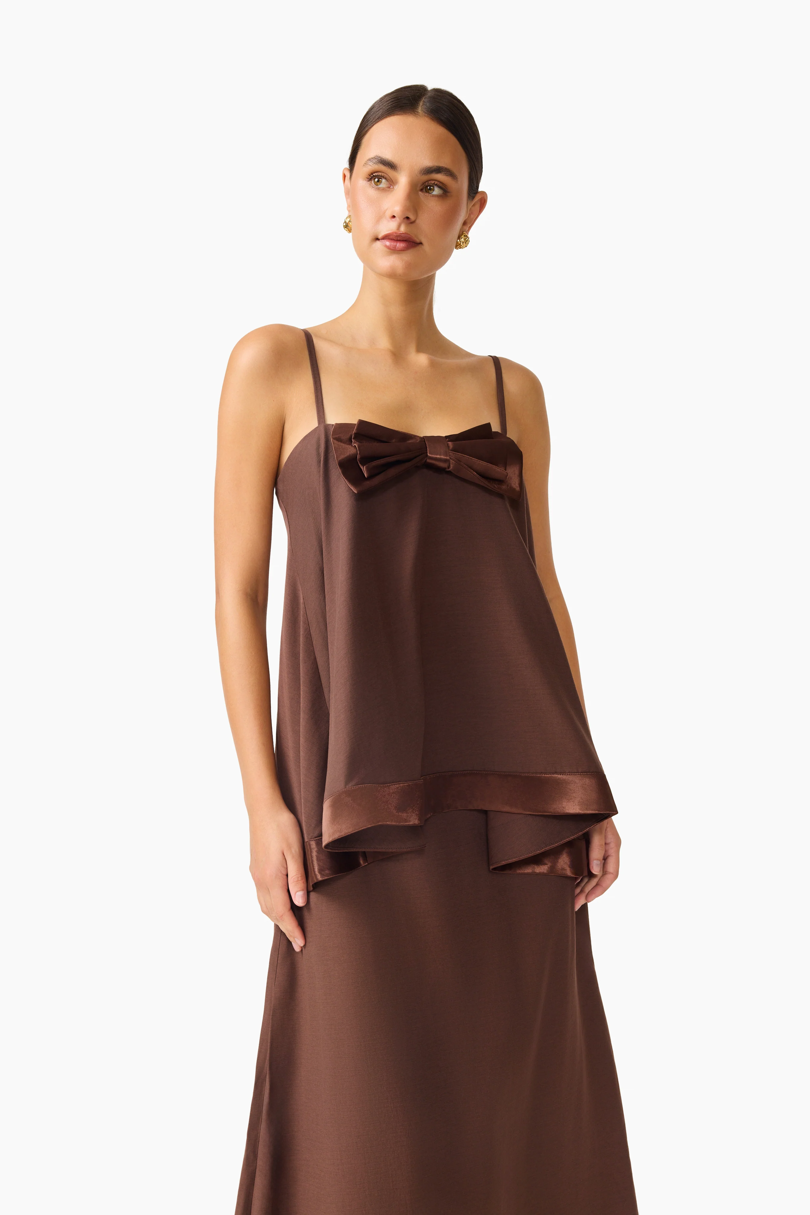 Rosera Satin Bow Maxi Dress in Chocolate Brown