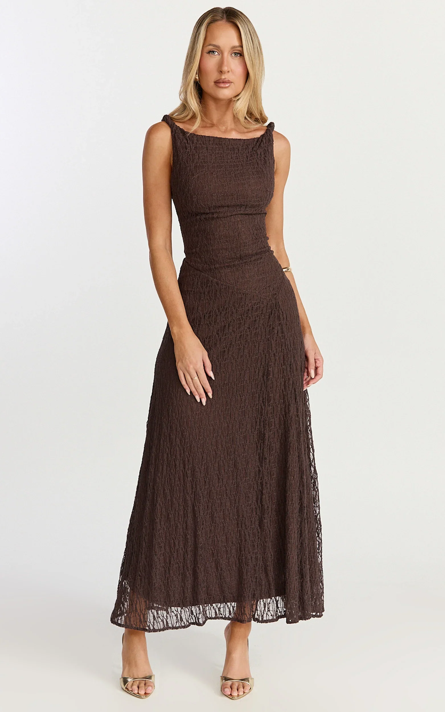 Abby Midi Dress - High Neck Asym Detail Dress in Chocolate - luluinthesky