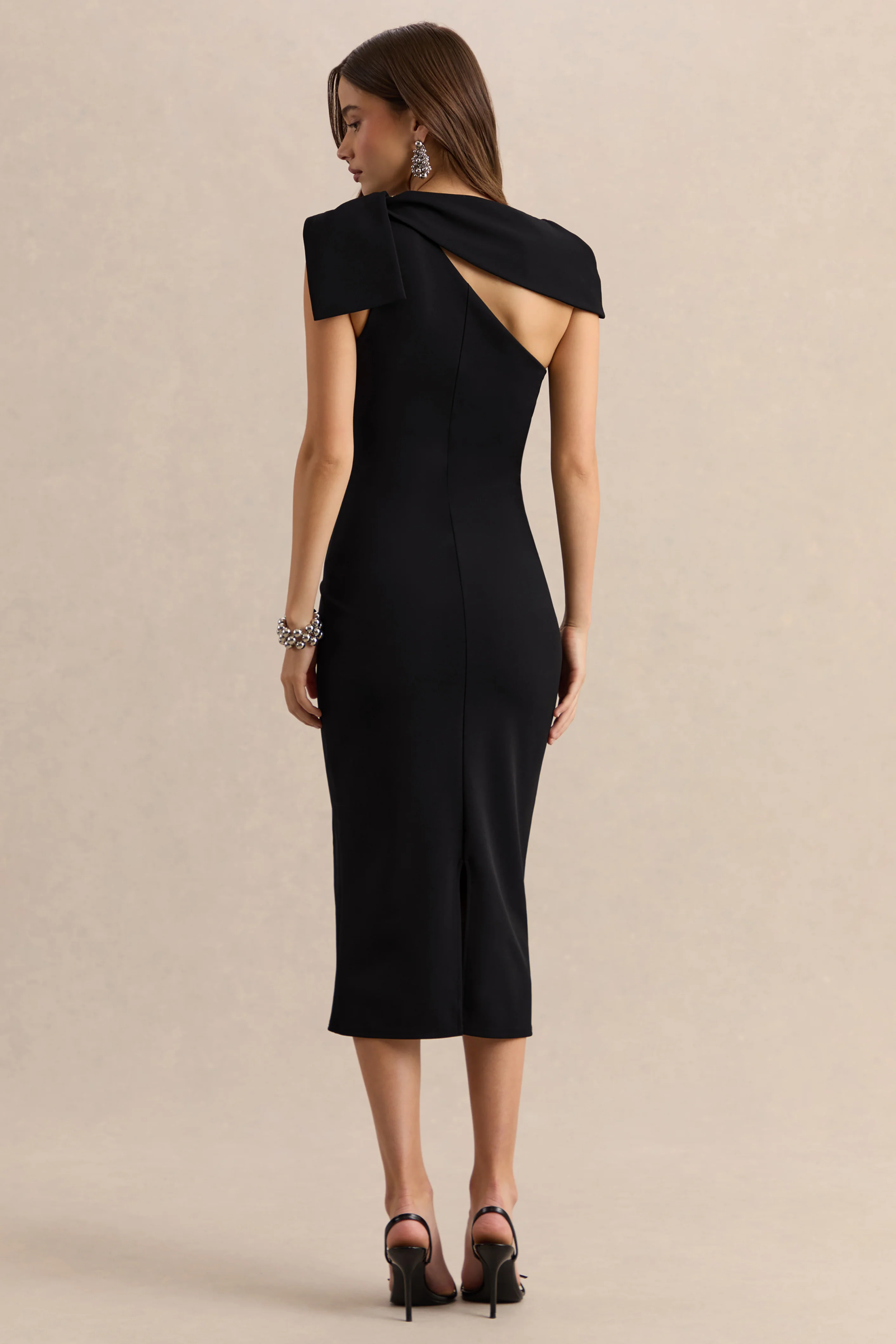 Clarina | Black Asymmetric-Neck Midi Dress With Bow-Detail