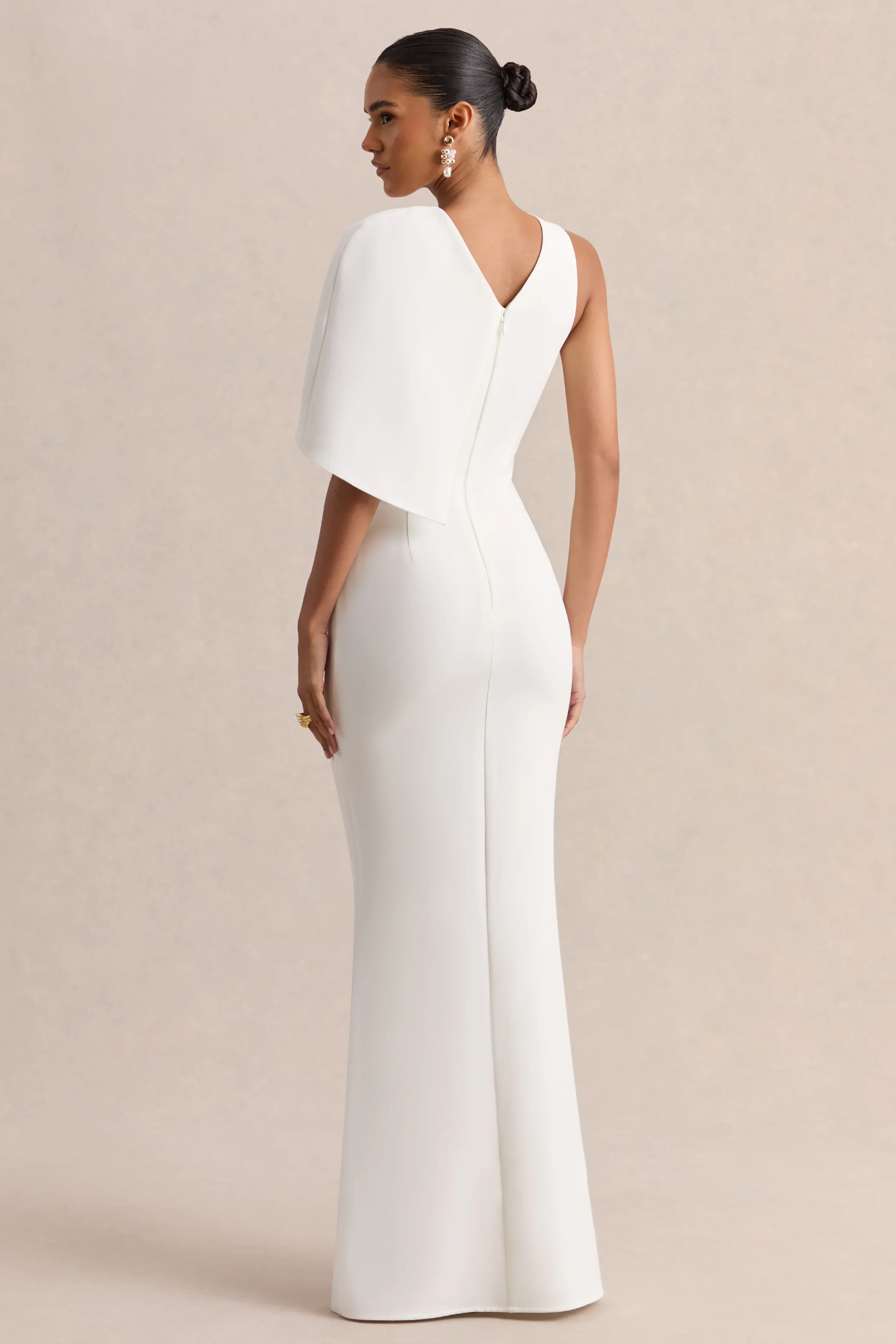 Quira | White Asymmetric-Neck Maxi Dress With Cape-Sleeve