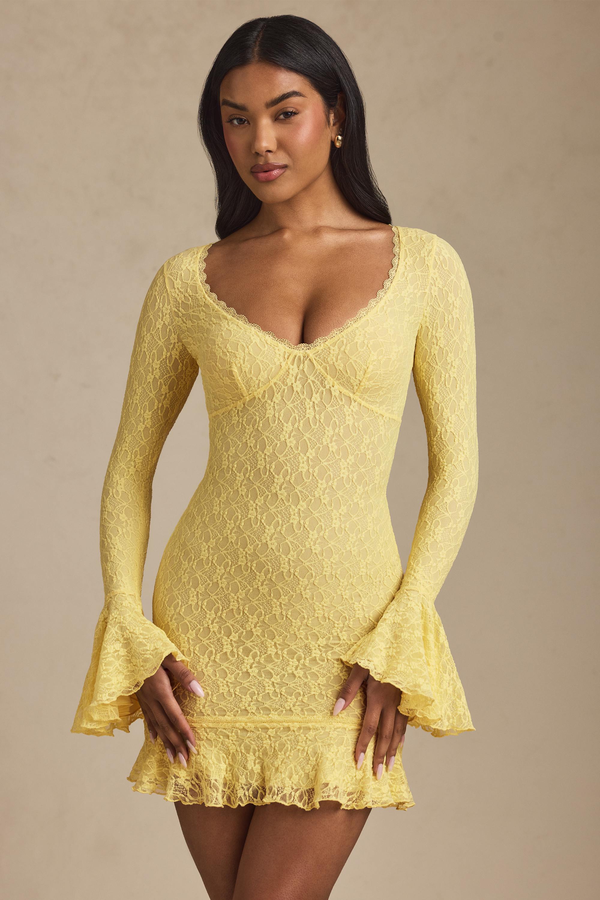 Long-Sleeve Ruffled Lace Mini Dress in Pastel Yellow