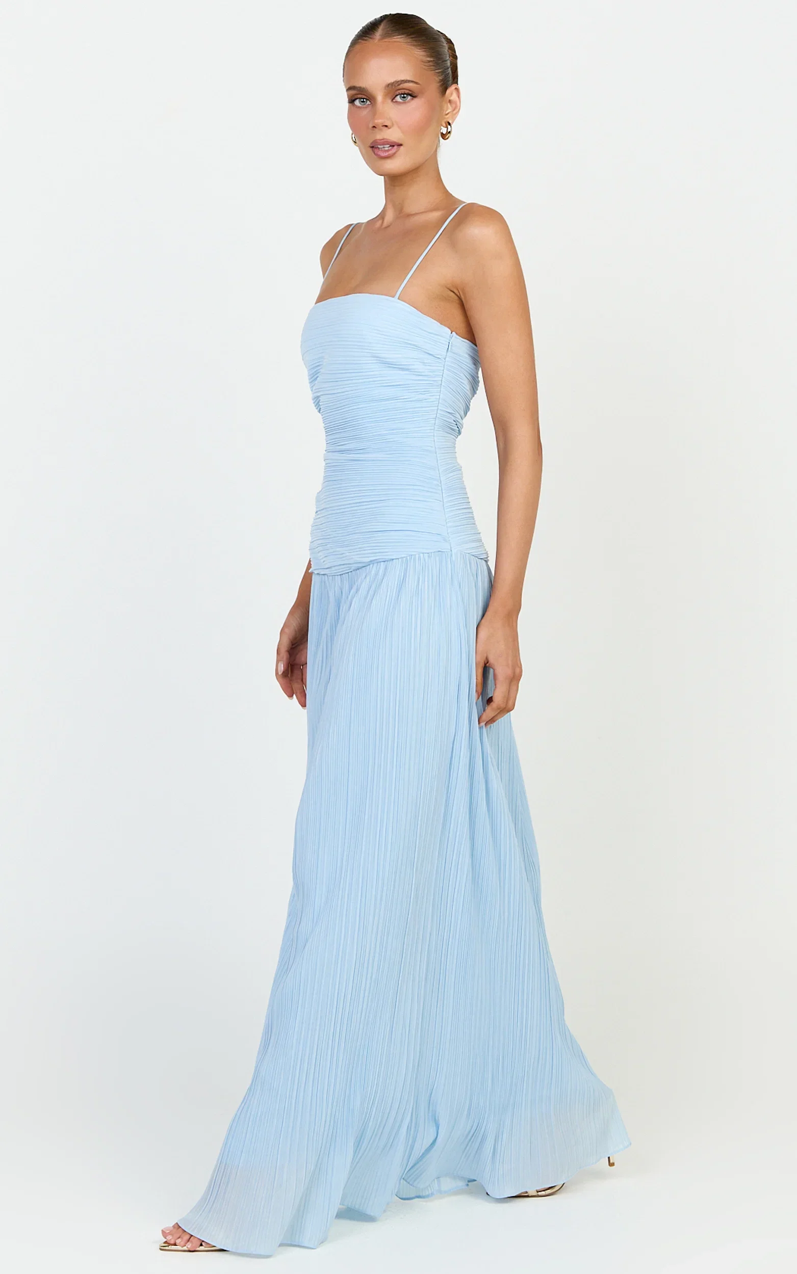Ashlee Maxi Dress - Strapless Plisse Dropped Waist Split Leg Dress in Light Blue