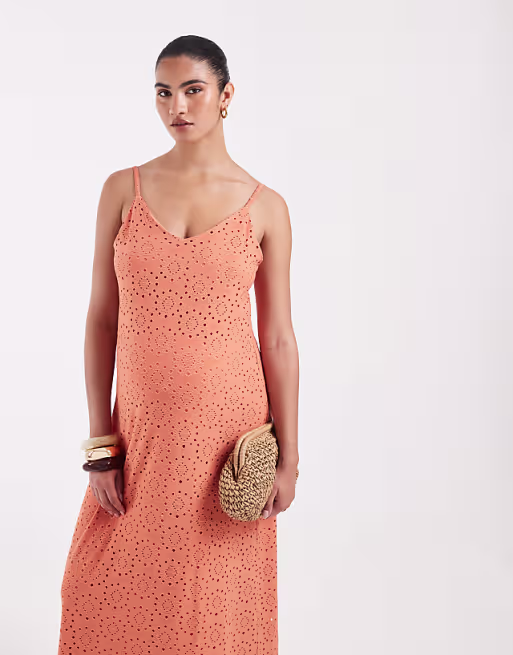 Vero Moda Maternity jersey floral broderie cami midi dress in orange