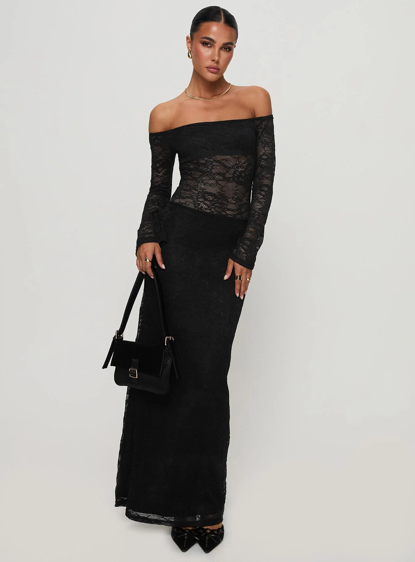 Pinot Grigio Long Sleeve Lace Maxi Dress Black