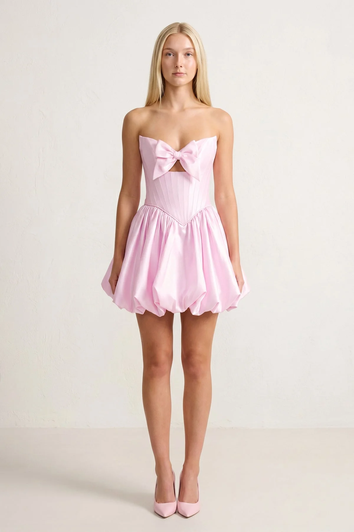 Pink Bowknot Sweetheart Bubble Hem A-Line Satin Homecoming Dress