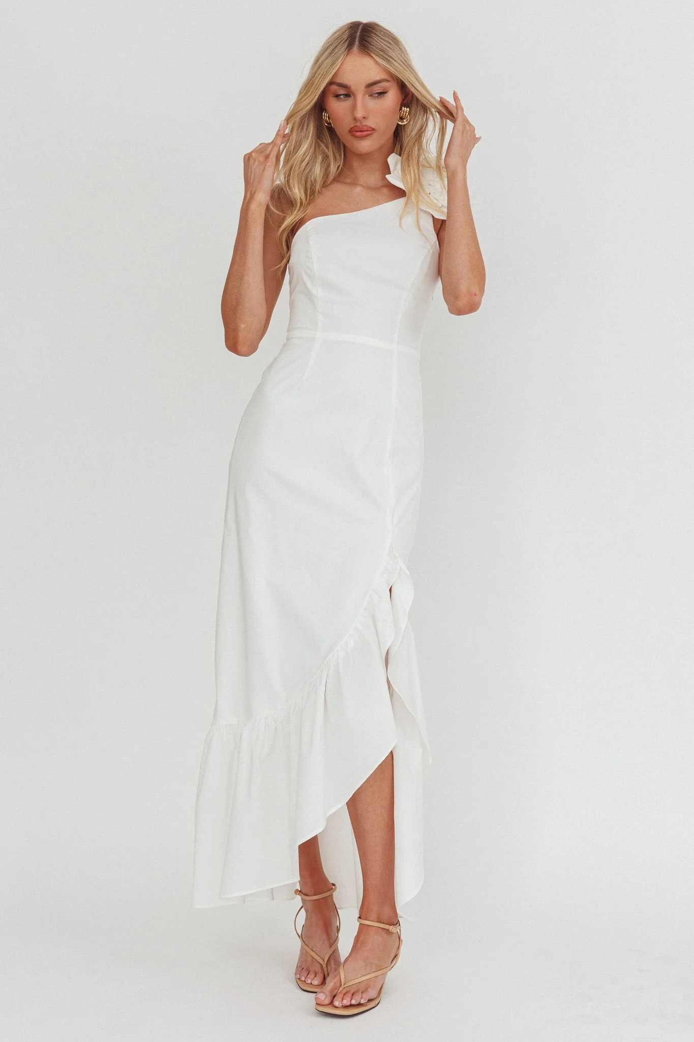 Dena One-Shoulder Frill Hem Maxi Dress White