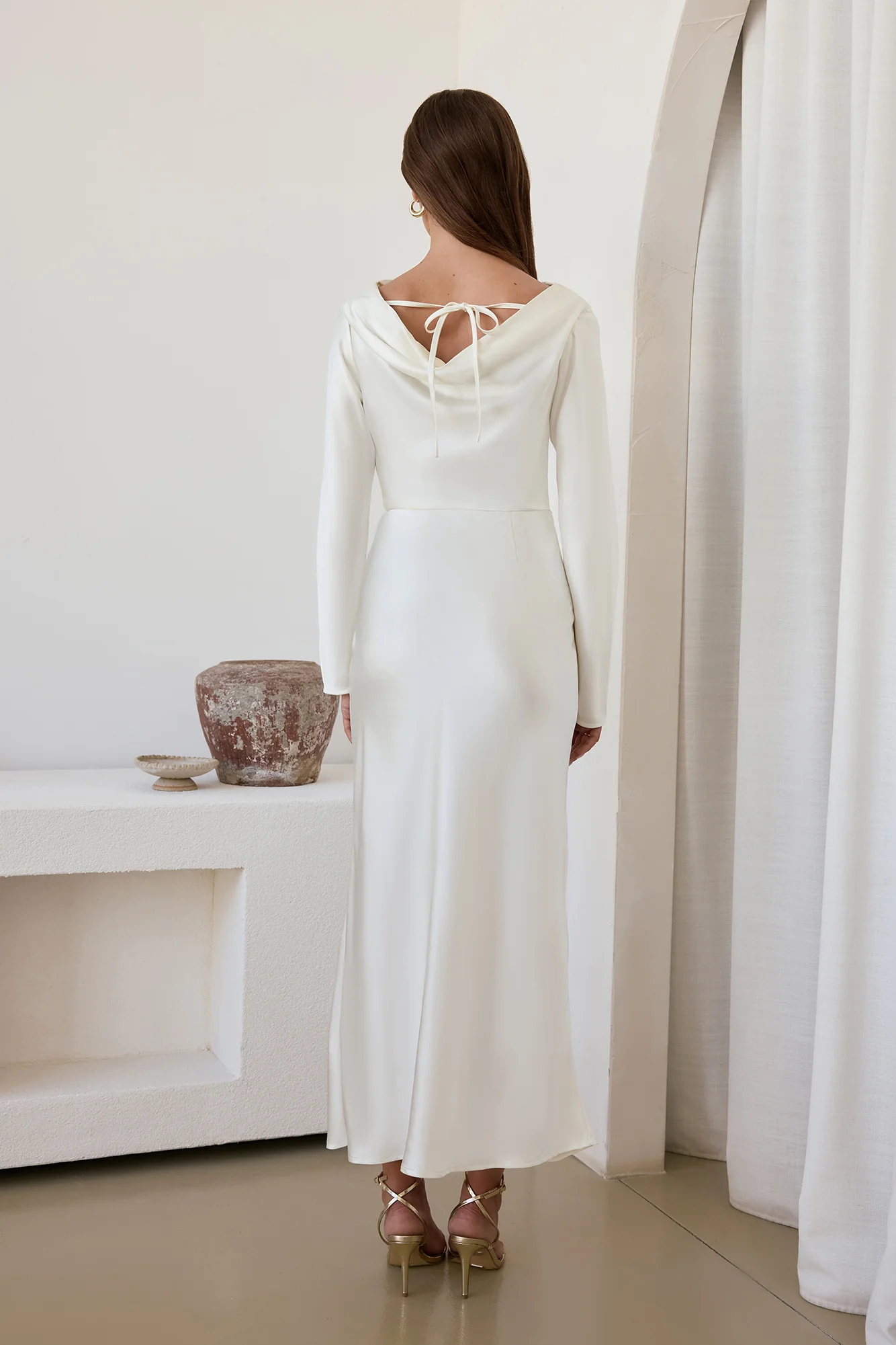 Cross The Skies Satin Long Sleeve Maxi Dress White