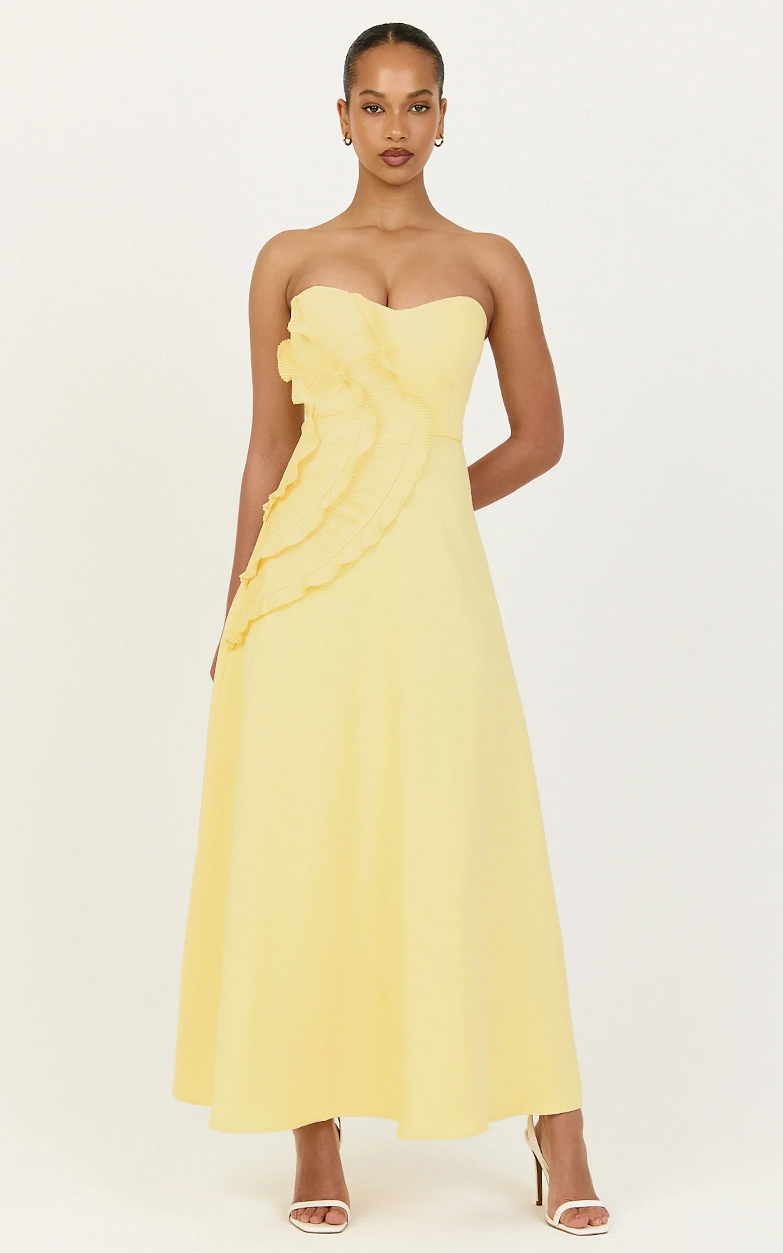 Dahlia Midi Dress - Strapless Side Frill Pleated A Line Dress in Lemon