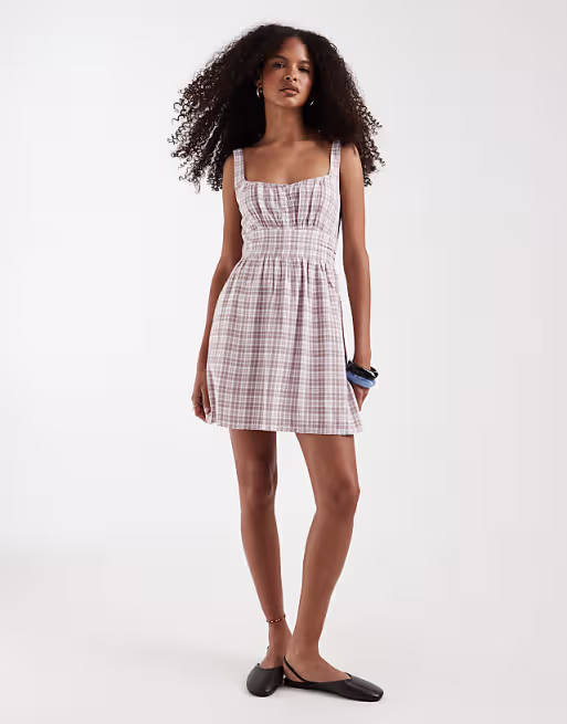 Hollister scoop neck A-line mini dress in brown gingham