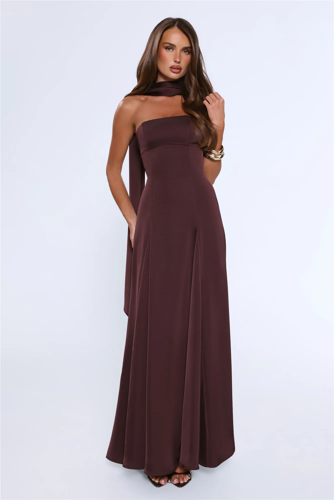 Satin Tempt Strapless Maxi Dress Chocolate