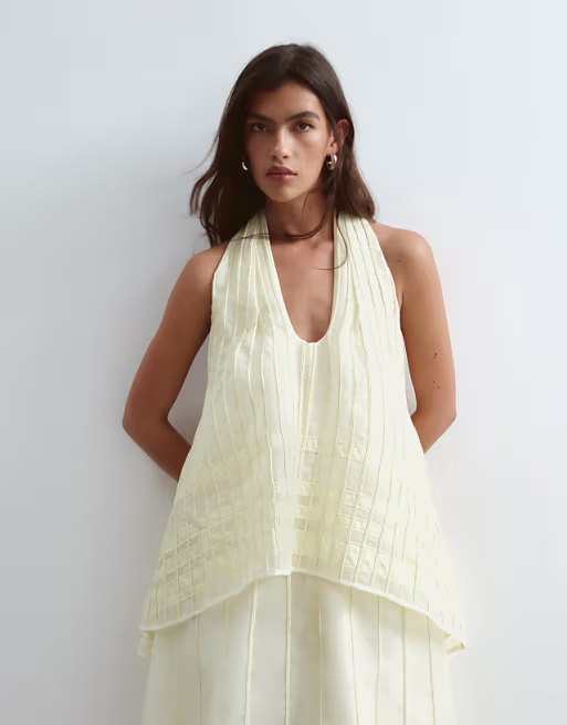 ARRANGE scoop neck organza halter trapeze maxi dress with linear embroidery in soft yellow