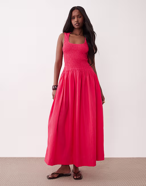 crinkle scoop neck maxi sundress with shirred waist in fiery red