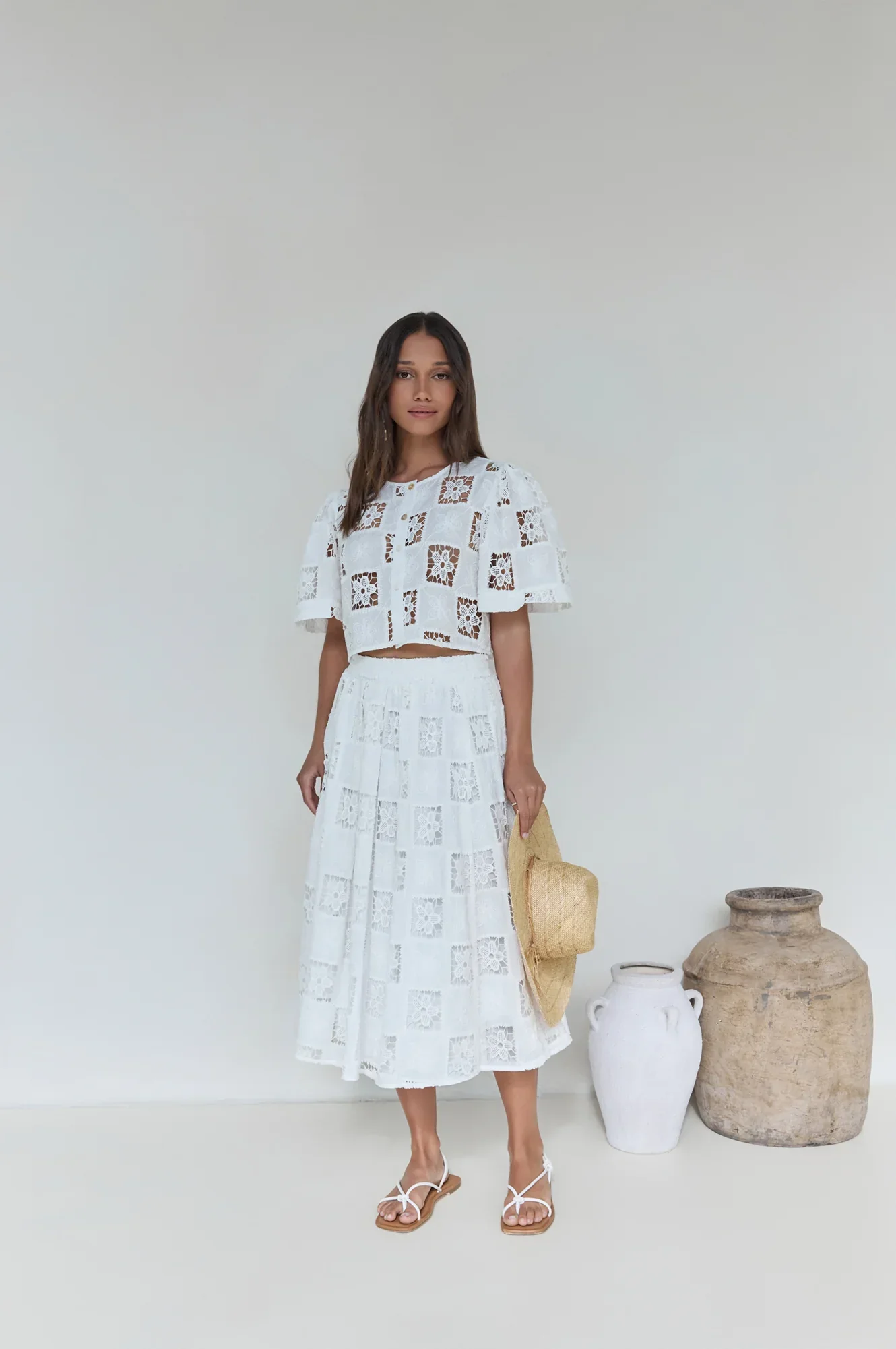 Andolina Crochet Lace Midi Skirt White