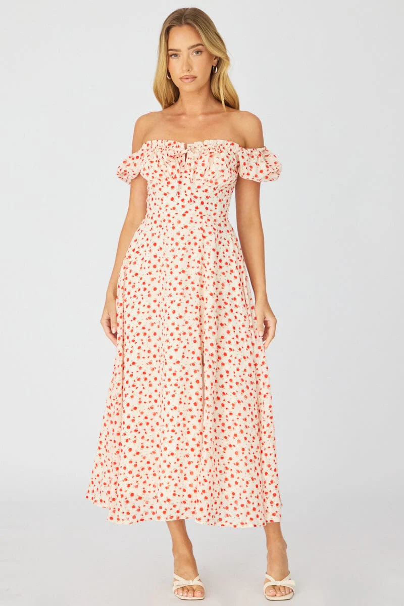 White Ditsy Midi Dress Puff Sleeve