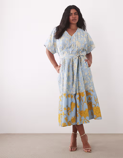 Hope & Ivy Plus wrap midaxi dress in blue and yellow floral