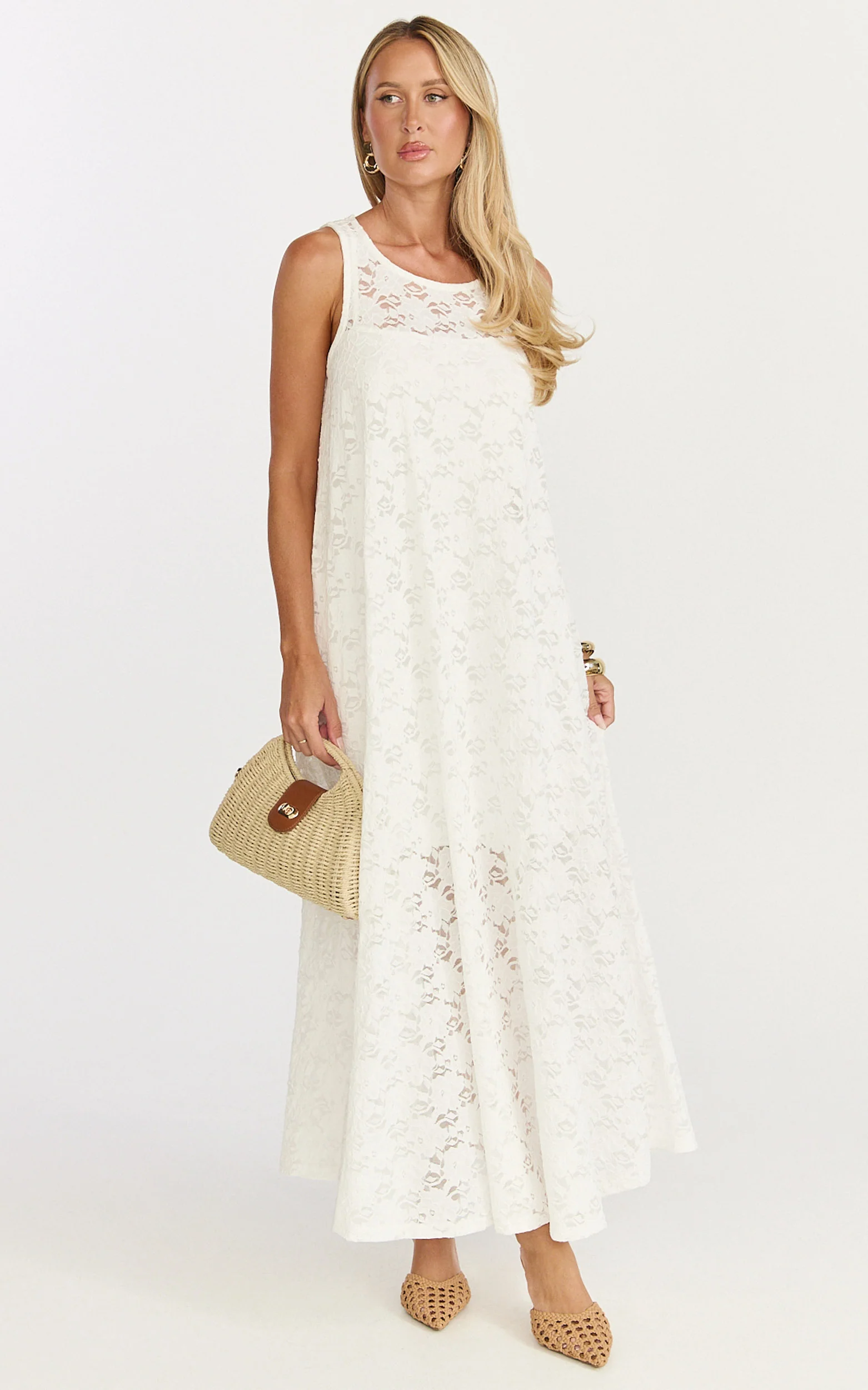 Bella Maxi Dress - Lace Shift Dress in Off White