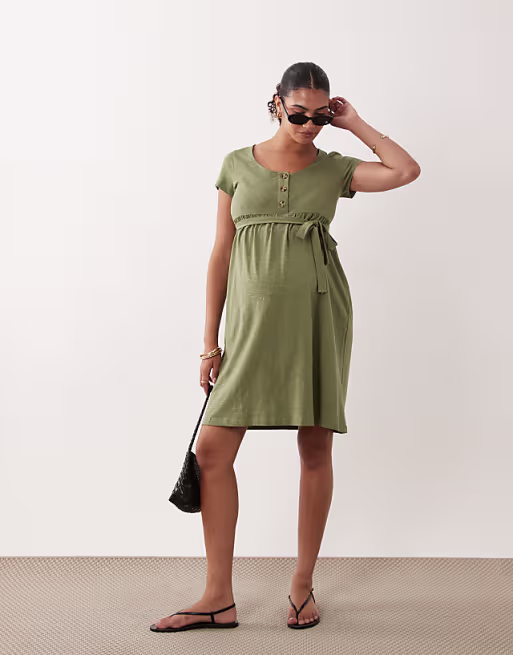 Mamalicious Maternity button front tie waist midi dress in olive green